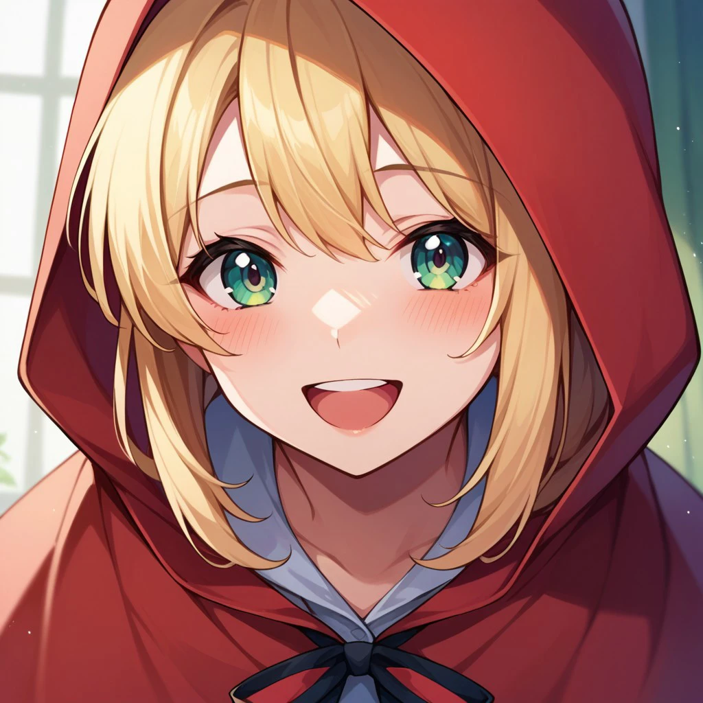 score_9, score_8_up, score_7_up, source_anime, little red riding hood (grimm), POV, looking at viewer, blush, smile, open mouth, upper teeth only