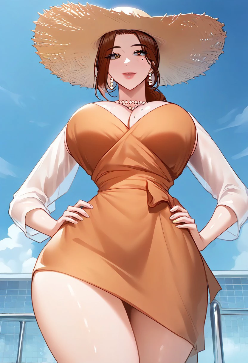 score_9, score_8_up, score_7_up, ASCII masterpiece, source_anime, BREAK, 1girl, solo, (( <lora:lee_hyeon-jung:1> , lee_hyeon-jung, thin waist, wide hips, beautiful skin, beautiful brown eyes, clear eyes, bright pupils, beautiful eyes, beautiful brown hair, long hair, huge and shaggy breasts, natural beauty, extraordinary beautiful woman, attractive woman, super sexy woman, lustful body, sexy woman with seductive obscene body, sensual body, voluptuous body, sexy beauty, sexy erotic milf, no piercings, no piercing, (a mole under left eye), (a mole on left breast), )), closed mouth, makeup, pearl earrings, pearl necklace, beautiful orange bikini top, beautiful orange sarong, female straw hat, obscene cleavage, wide hips, outside pool, seductive smile, seductive pose, Aqua Park background, from below, rare angle, hands on hips,