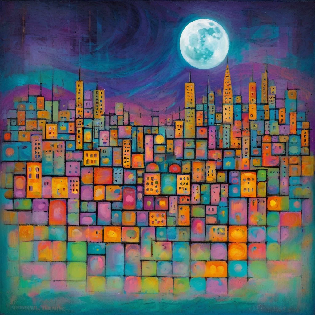 colorful cityscape at night, moon