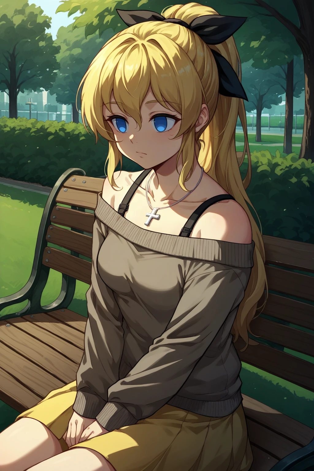 score_9, score_8_up, 1girl, solo, <lora:NSLillyKatawa:1> NSLillyMisc, blue eyes, blind, no pupils, blonde hair, long hair, ponytail, black hair ribbon, khaki sweater, off-shoulder sweater, bare shoulders, black bra strap, yellow skirt, cross necklace, sitting, bench, park