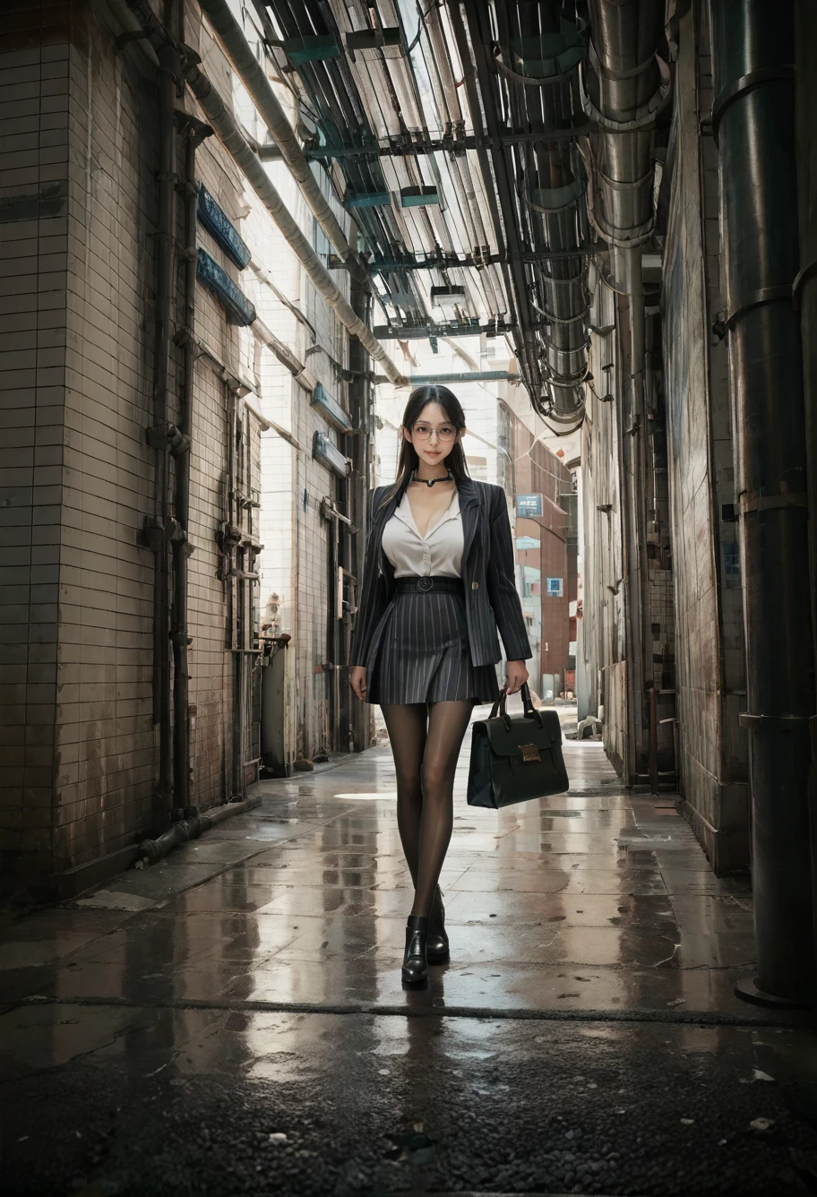 ,ruanyi0888,industrial pipe,alley,,ruanyi0856,striped jacket,choker,black pantyhose,striped skirt,glasses,black skirt,pinstripe pattern,
cowboy shot,<lora:0888 aisle_v1_pony:0.9>,<lora:0856 OL professional suit skirt 1_v1_pony:0.7>, score_9, score_8_up, score_7_up, score_6_up, score_9, score_8_up, score_7_up, score_6_up source_anime, blush, 1girl, seduce smile, perfect body , natural huge breasts