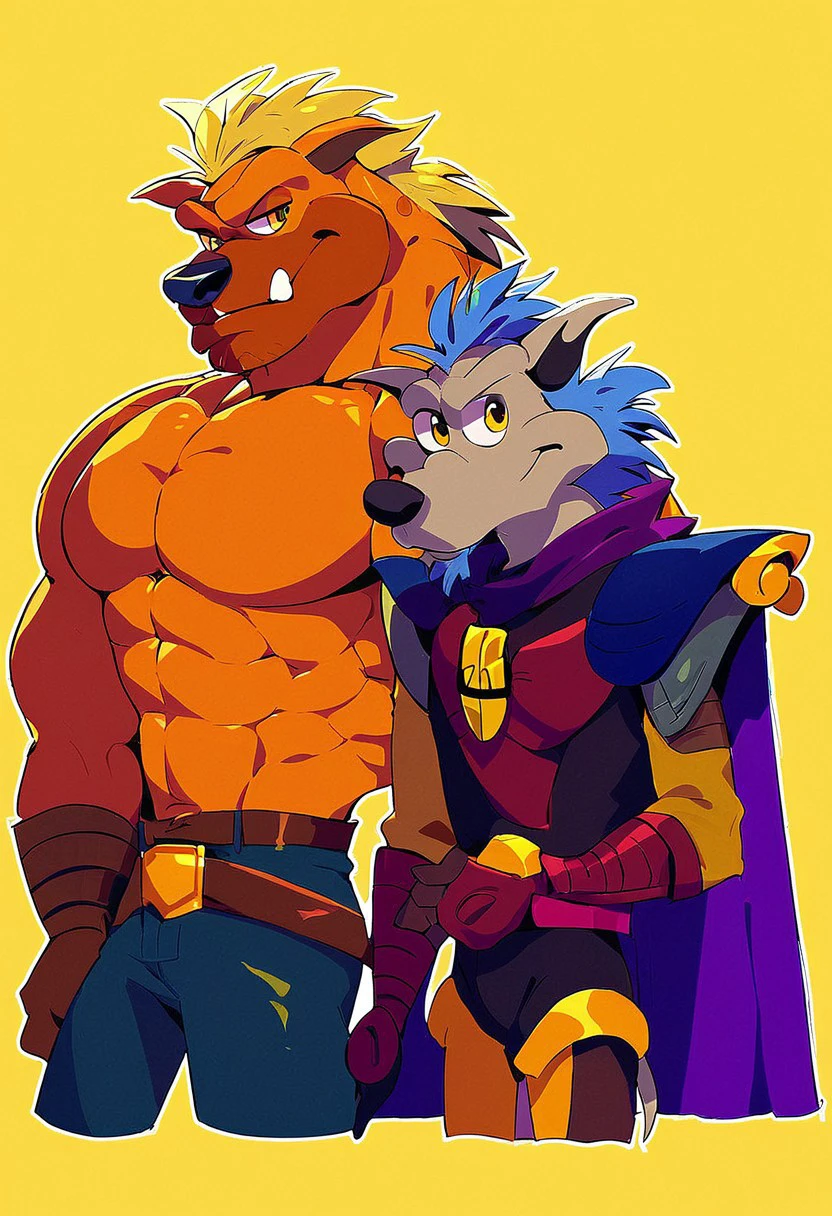 score_9, score_8_up, score_7_up, score_6_up, multiple boys, 2boys, Sleet, tail, blue hair, purple cape, yellow eyes, armor, Dingo, blond hair, muscular male, pectorals, topless male, simple background, dynamic view, checkered yellow background