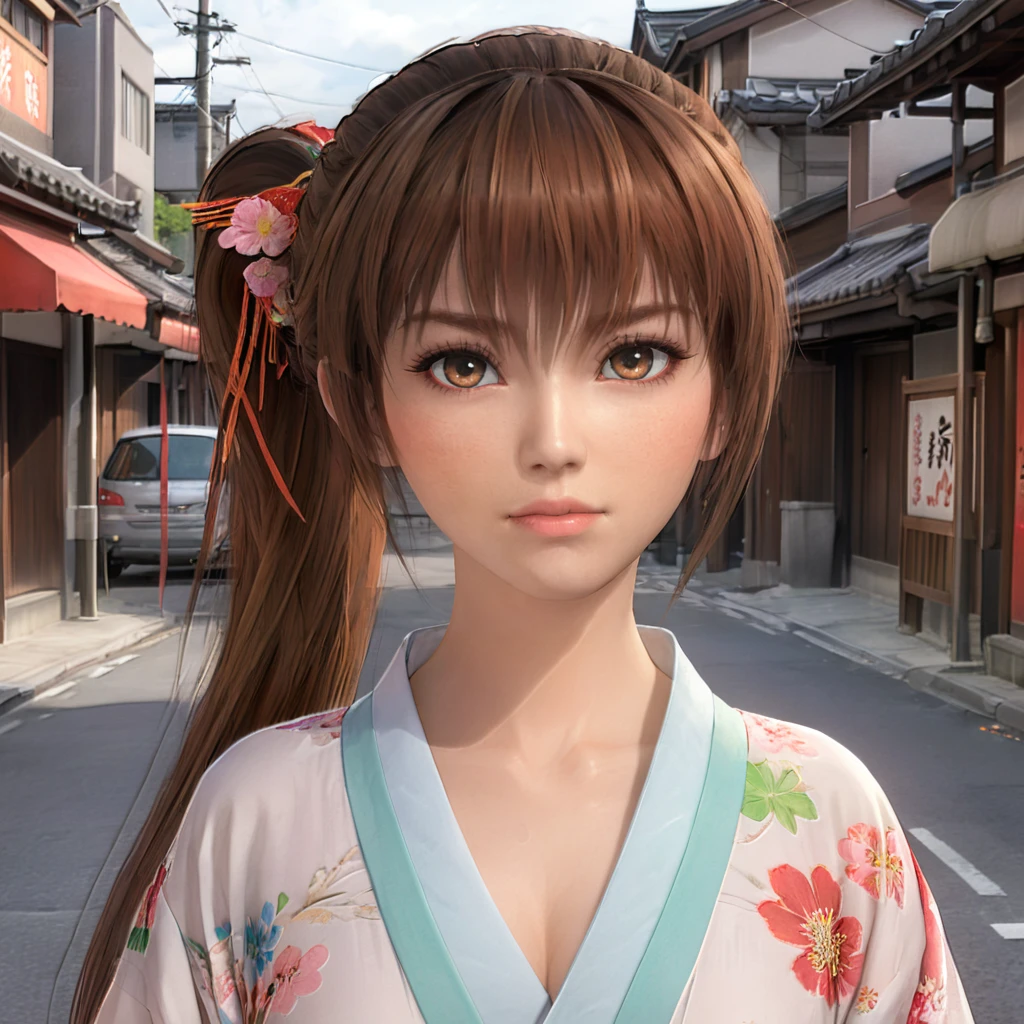 kasumidoa5lr, 1girl, solo, long hair, side ponytail, kimono, street, closed mouth, looking at viewer <lora:kasumidoa5lrXL:0.5>