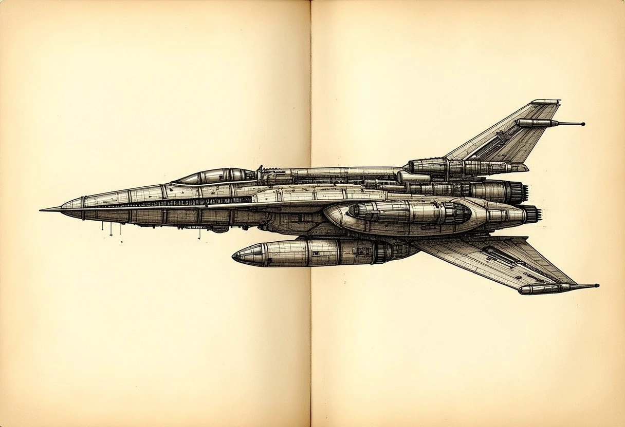 sepia anatomysketch of a spacecraft, highly detailed