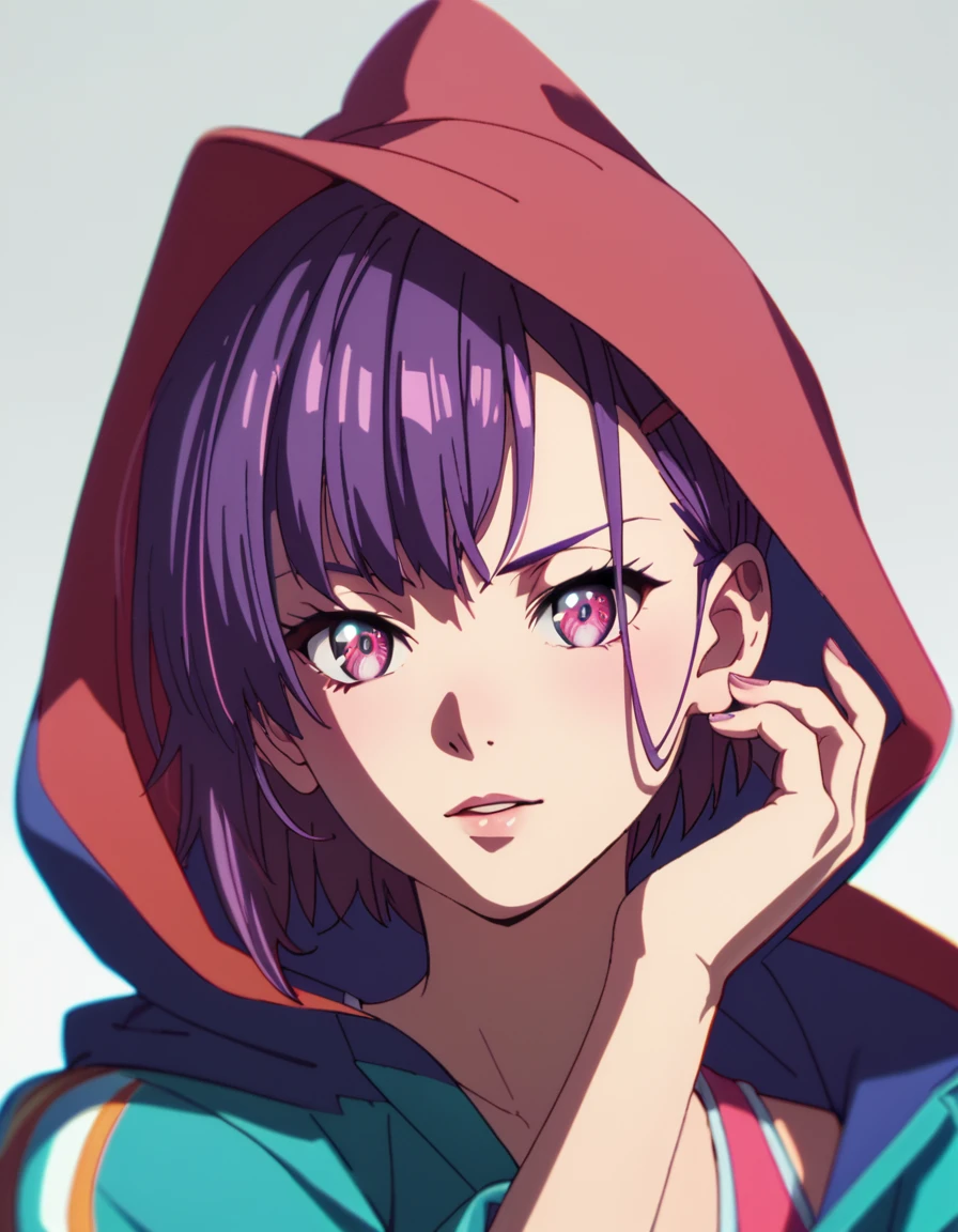 Shizuka, short hair, purple eyes, purple hair, hood up,  <lora:Zom100:1>  score_9, score_8_up, score_7_up, score_6_up, score_5_up, score_4_up, source_anime,  ,