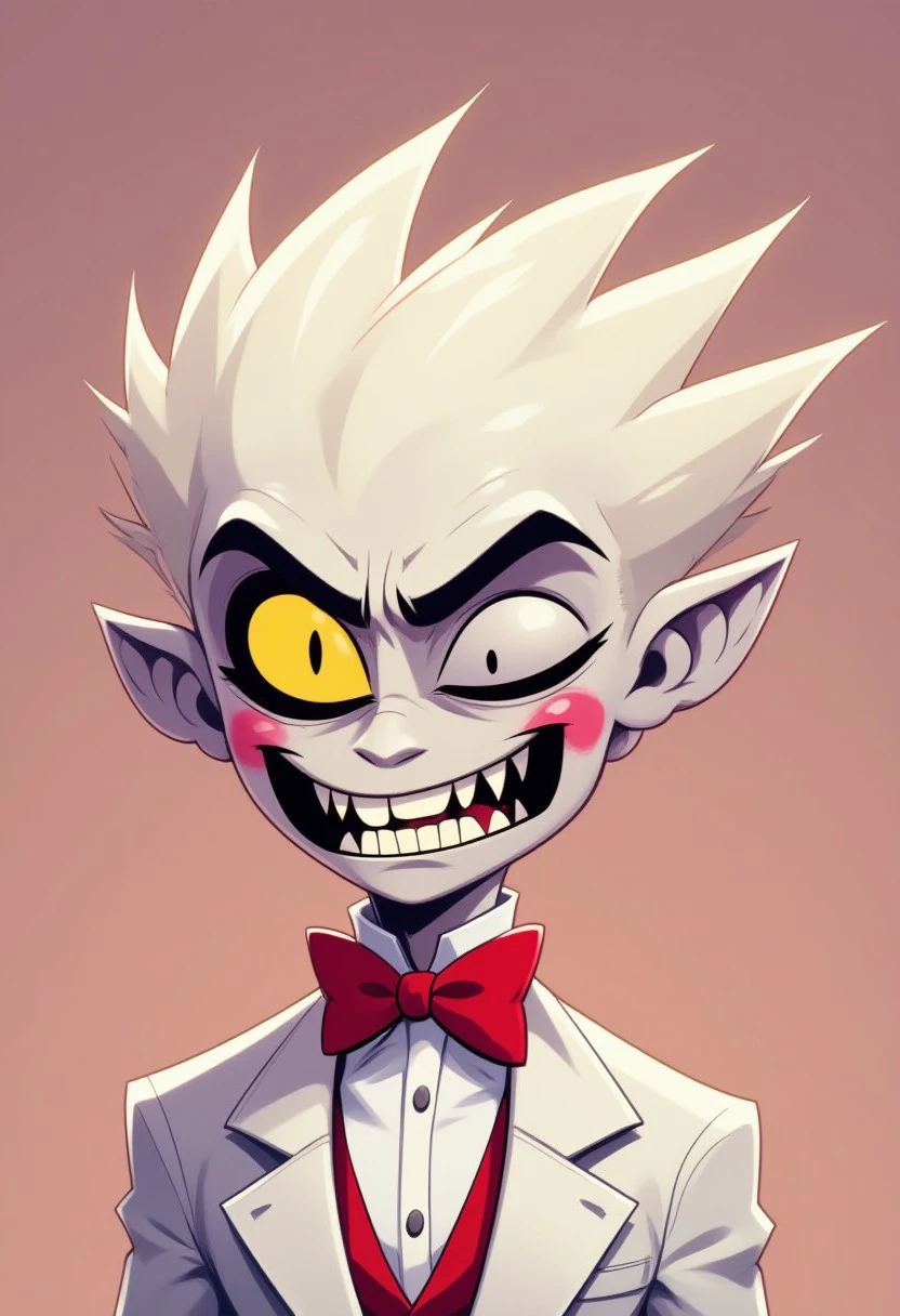 (hhstyle:1.2), cartoon, demon with a pale, almost white skin tone, and a large, exaggerated head with a tuft of spiky, light-colored hair on top. His eyes are large and round, with one eye being yellow and the other black, creating a striking contrast. They have small, round pink cheeks and a wide, open mouth revealing sharp, pointed teeth. The character is wearing a red bow tie and a white suit jacket with a white shirt underneath,