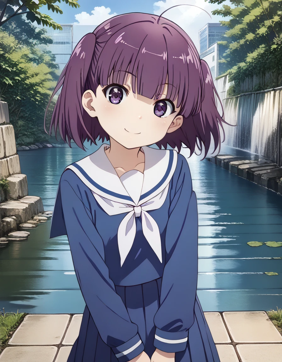 <lora:MorinoKirin_pony_v01:0.7> 1girl, solo, morino kirin, purple eyes, serafuku, long sleeves, blue shirt, white sailor collar, white neckerchief, blue skirt, looking at viewer, smile