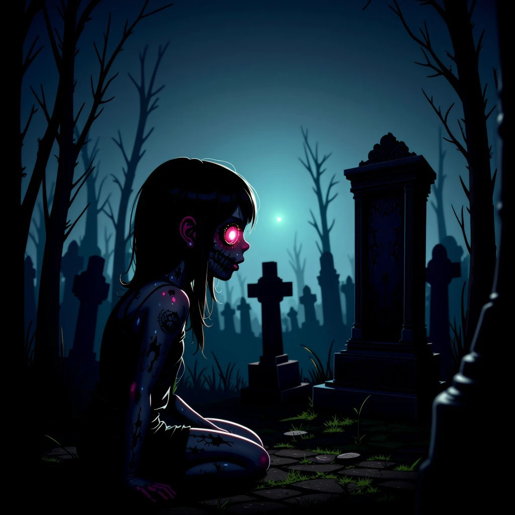 Profile view of a zombie girl sitting in front of an open grave in a dark cemetery at midnight.