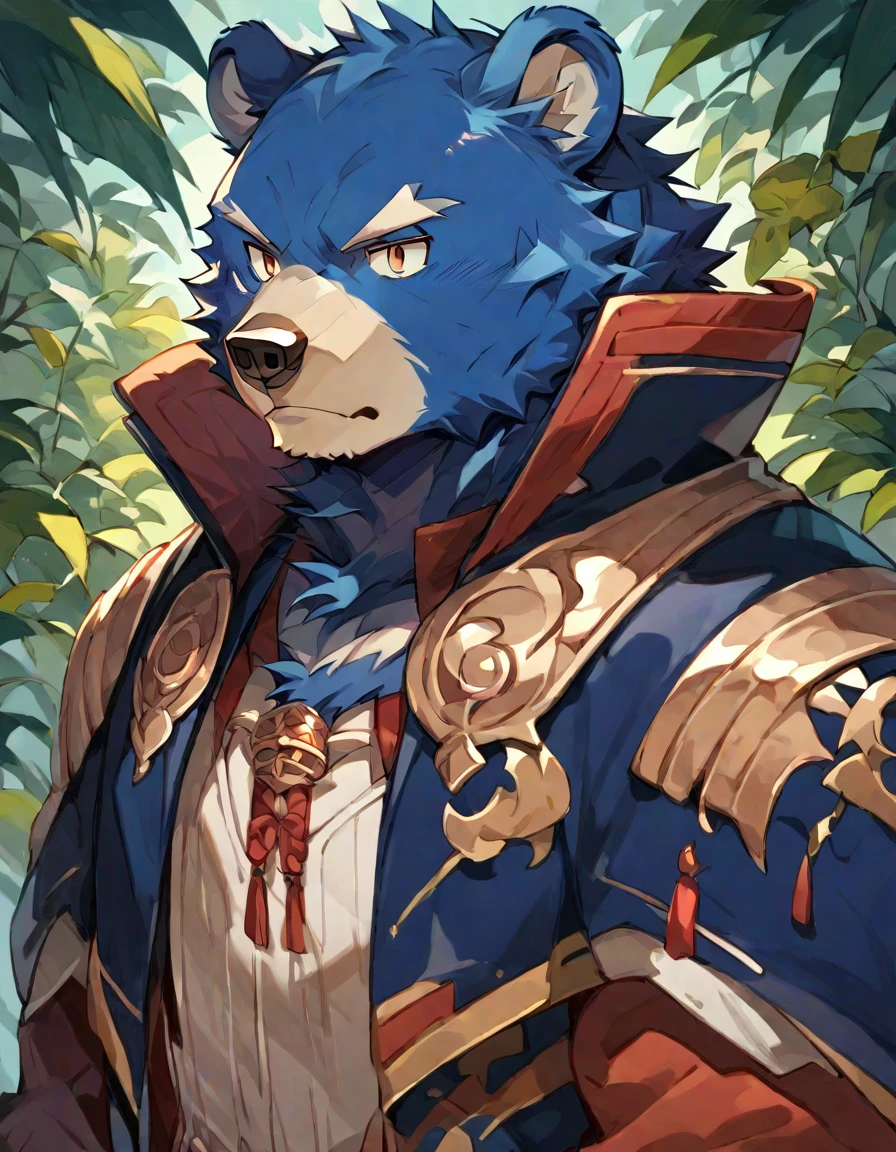 score_9, score_8_up, score_7_up, source_anime, (bear man), furry body, blue fur, (dressed as a Druid), character portrait, upper body, rating_safe, <lora:Anime_Furry_Style:1>