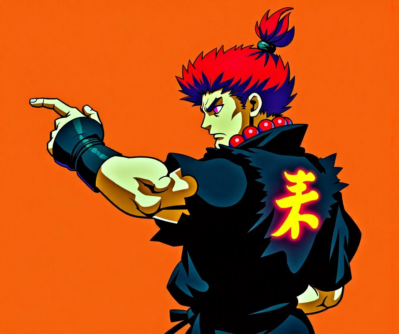 akuma \(street fighter\) is in a cowboy bebop styled image where he's pointing his finger horizontally to represent one of the more icon show images, 

cowboy bebop style, akuma \(street fighter\), from side, orange tinted red hair, tied hair, reddish purple glowing eyes, black gi, blood red prayer beads, fist wraps, arm lifted pointing to the side,


glowing "天" japanese character on back, 

orange background, retro artstyle, cowboy bebop, stylized orange