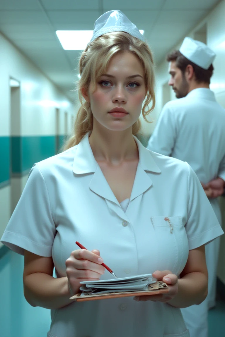 Busty Guin as a nurse, she has a clipboard in her hand on which she is currently writing down important things. In the background is a hospital corridor and a doctor who is looking over at her. There is neon lighting and clean tiled walls.