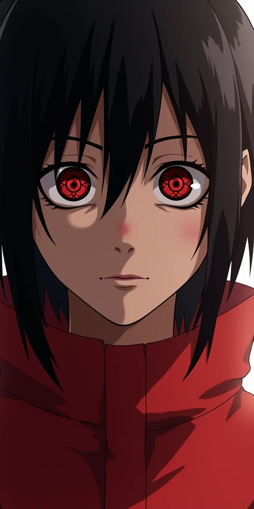 A girl has sharingan_13 in her eyes, upper body, (extremely photorealistic:1.3), masterpiece, real.<lora:sharingan_blend_flux.safetensors:1.0>, 