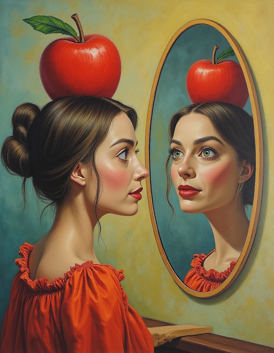 Surrealist cubist painting depicting a woman with green eyes and a red apple on her head looking at herself in the mirror.   <lora:Margot_Robbie_2016_FLUX_v1-000037:1>