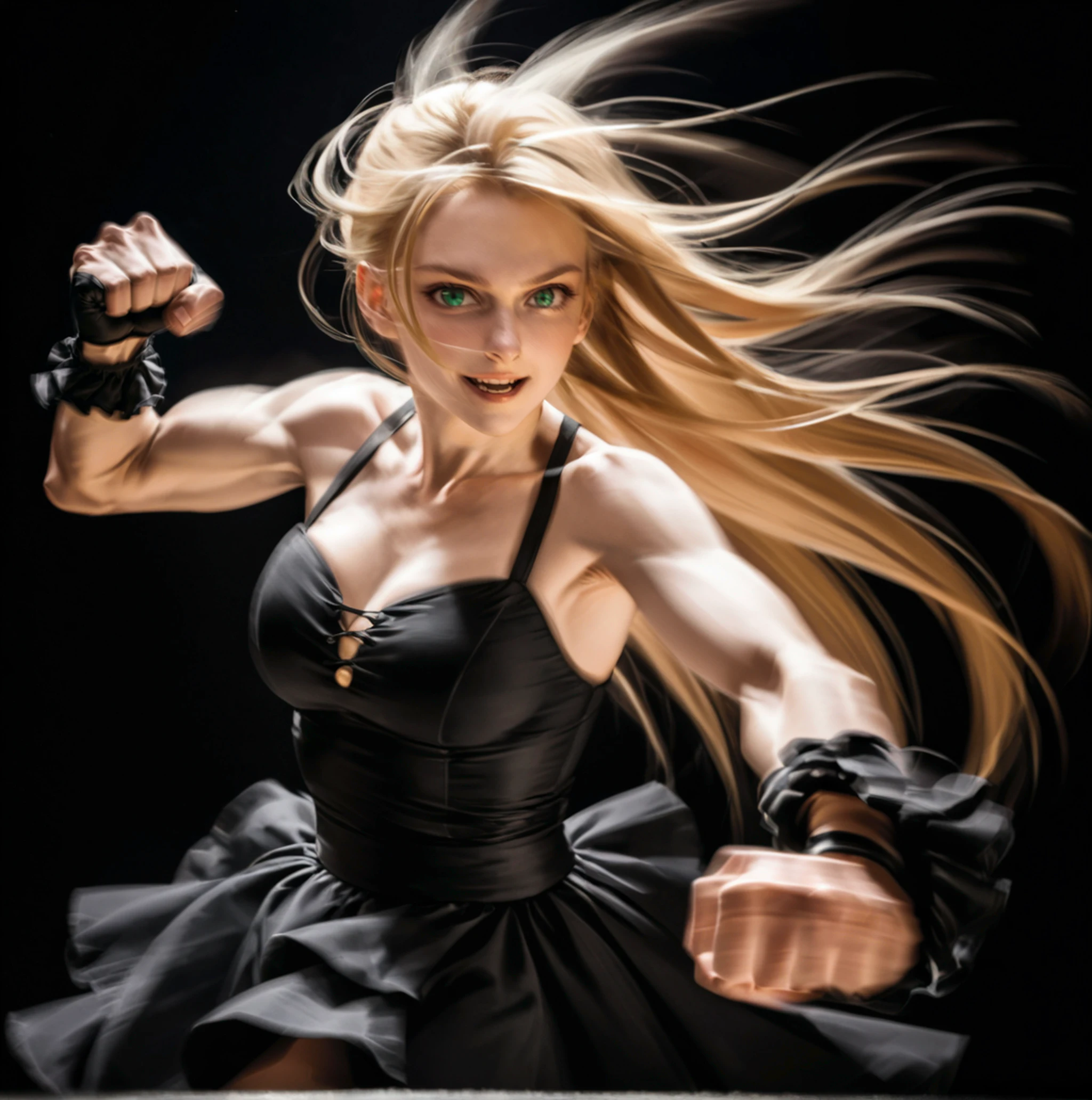 masterpiece, best quality, very aesthetic, absurdres
1girl, blonde hair, green eyes, face, close-up, upper body, long hair, swept bangs, black gothic dress, frilled dress, bare shoulders, (motion blur:1.2), black background, (punching,full swing:0), (muscular:0.0), (light smile:1.4), 
<lora:Motion_blur:0.8>,<lora:hand 4:0.1>