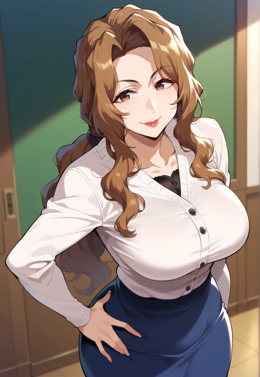 (looking at viewer, smile, closed mouth, hand on own hip),  <lora:masakakurosakiNSLT:1> masakakurosaki, long hair, ponytail, wavy hair, brown hair, brown eyes, makeup, lipstick, large breasts, white cardigan, long sleeves, blue skirt, 16k, masterpiece, absurdes, highly detailed, highres, high quality, best quality, score_9, score_8_up, score_7_up, score_6_up