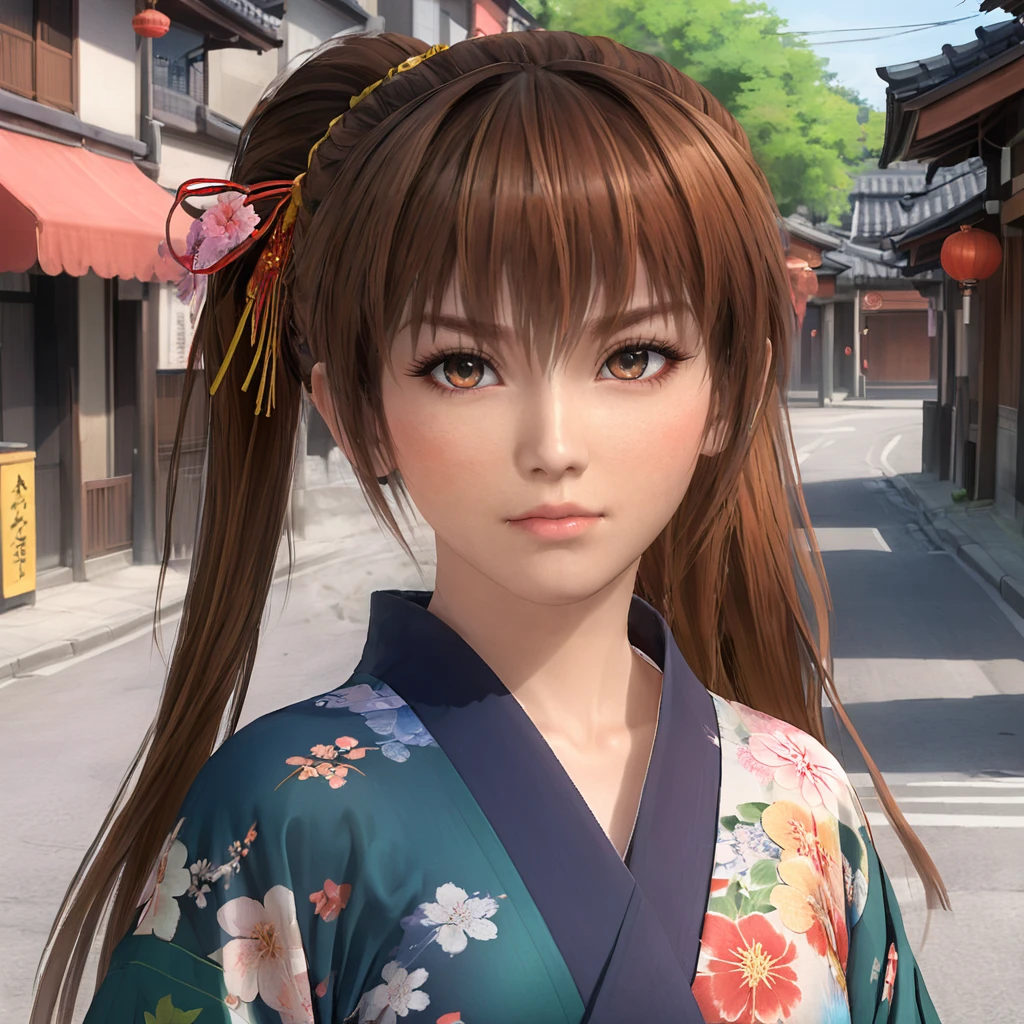 kasumidoa5lr, 1girl, solo, long hair, side ponytail, kimono, street, closed mouth, looking at viewer <lora:kasumidoa5lrXL:0.5>