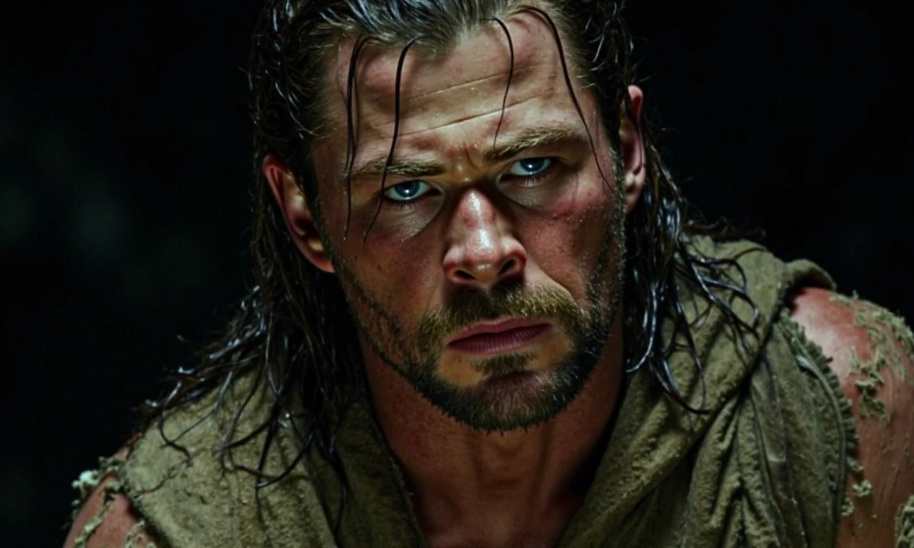 A close-up photograph of a rugged Chris Hemsworth with a intense expression, his wet long dark hair clinging to his face, revealing a dirty, weathered complexion with a short beard. He wears textured, earth-toned clothing, which appears worn and torn, suggesting a rough outdoor lifestyle. The dark, blurred background emphasizes the subject's worn, battle-hardened features.