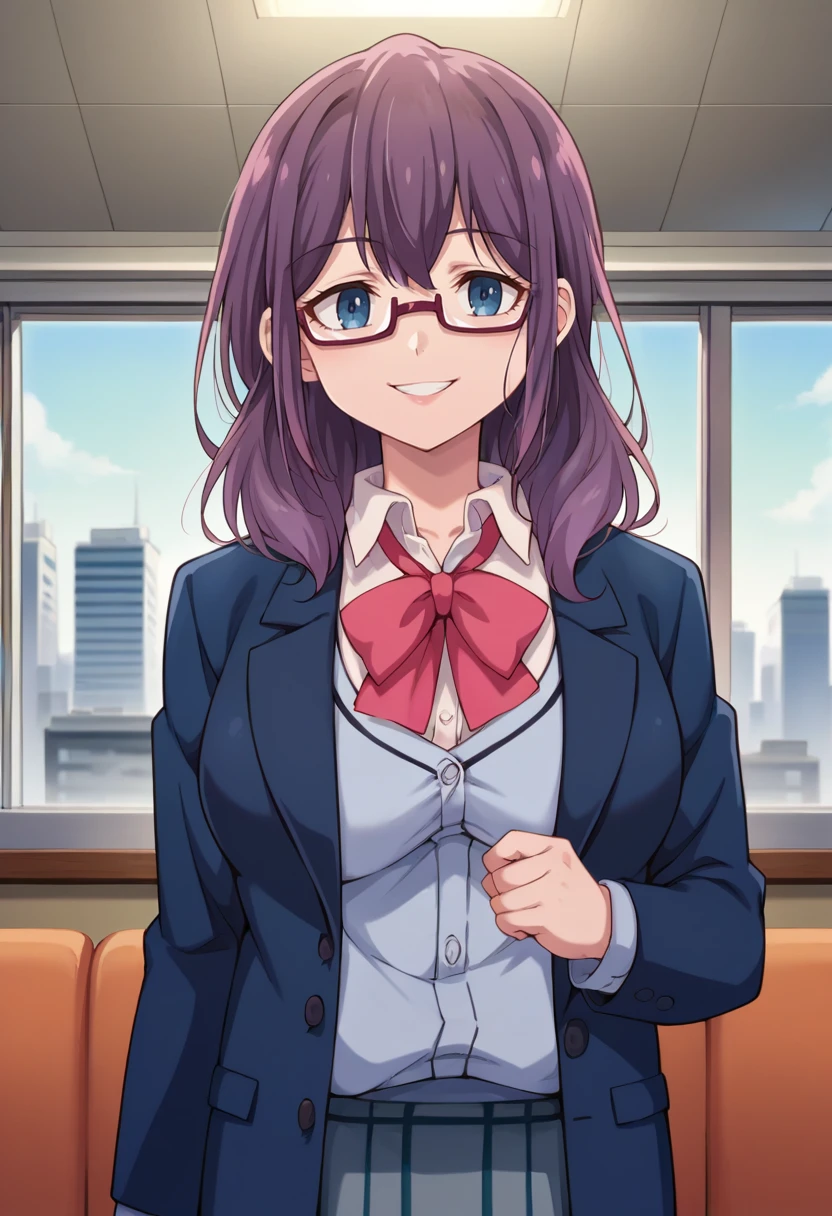 score_9, score_8_up, source_anime, 1girl, solo, TaekoNagafuji, long hair, glasses, red bowtie, blue blazer, cardigan, grey skirt, plaid skirt, indoors, window, city, smile, <lora:ChamTaekoNagafujiPonyXL:1>