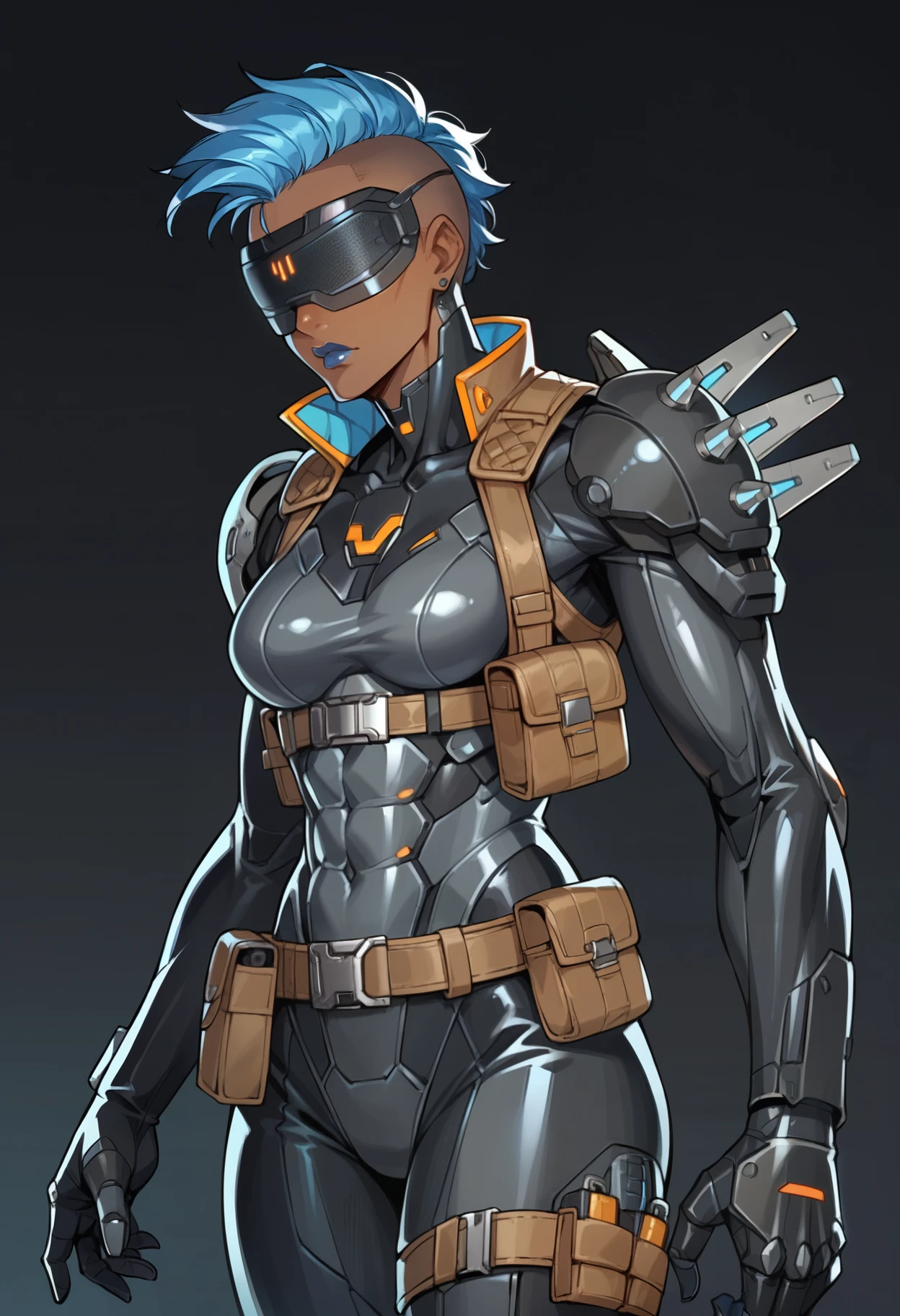 score_9,score_8_up,score_7_up,score_6_up,dark background,outt3ch,black bodysuit,science fiction,blue hair,mohawk,belt pouch,armor,dark-skinned female,no eyes,hidden eyes,shoulder spikes,visor,blue lips,black gloves,cyborg,mechanical legs,medium breasts,boots,       <lora:MyTrainings\Temp\Mad_Maggie_Outlawed_Tech_XL_Pony_ARZUMATA-000009.safetensors:0.5>