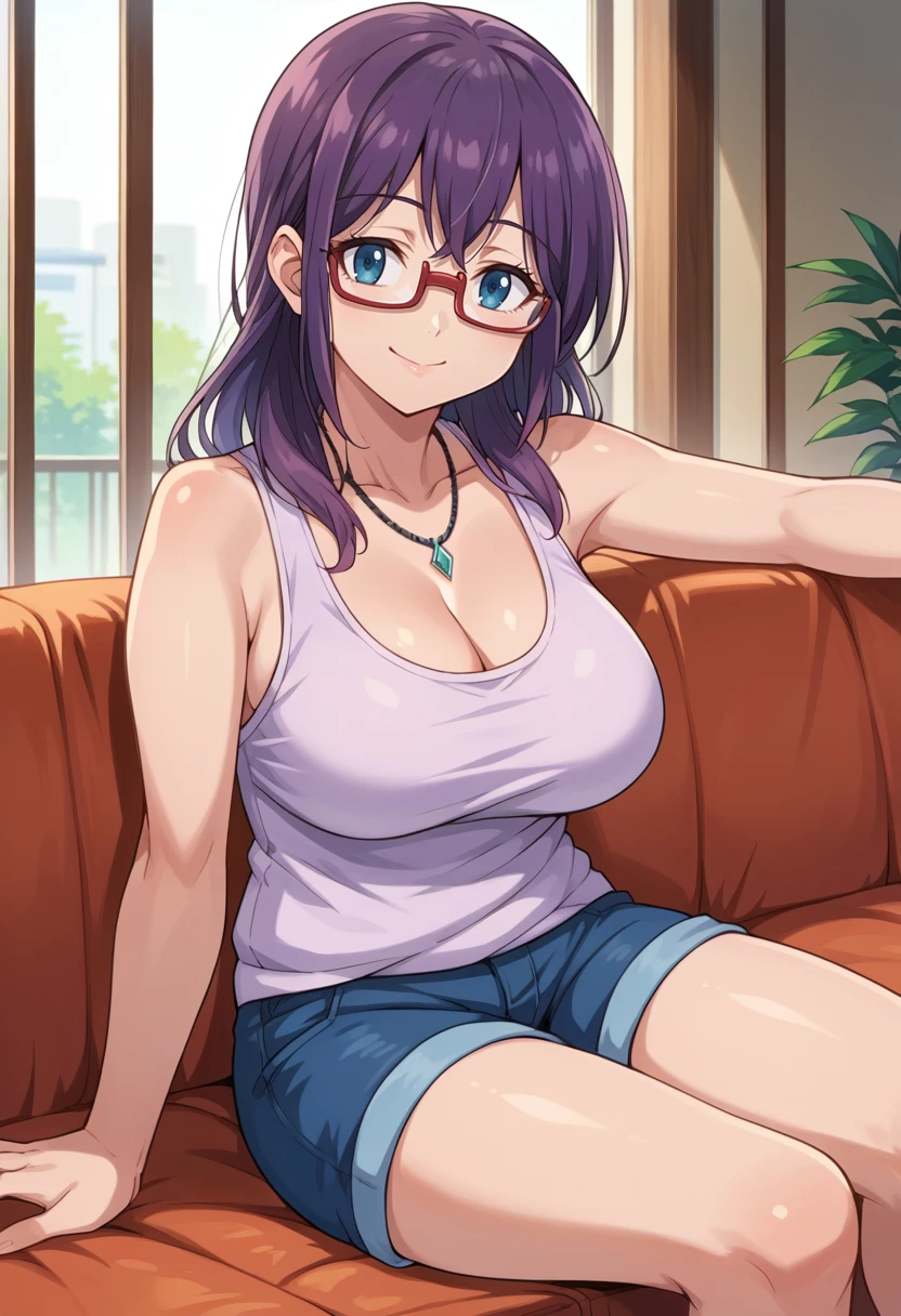 score_9, score_8_up, source_anime, 1girl, solo, TaekoNagafuji, long hair, glasses, glasses, tank top, cleavage, necklace, sleeveless, shorts, smile, indoors, sitting, on couch, <lora:ChamTaekoNagafujiPonyXL:1>