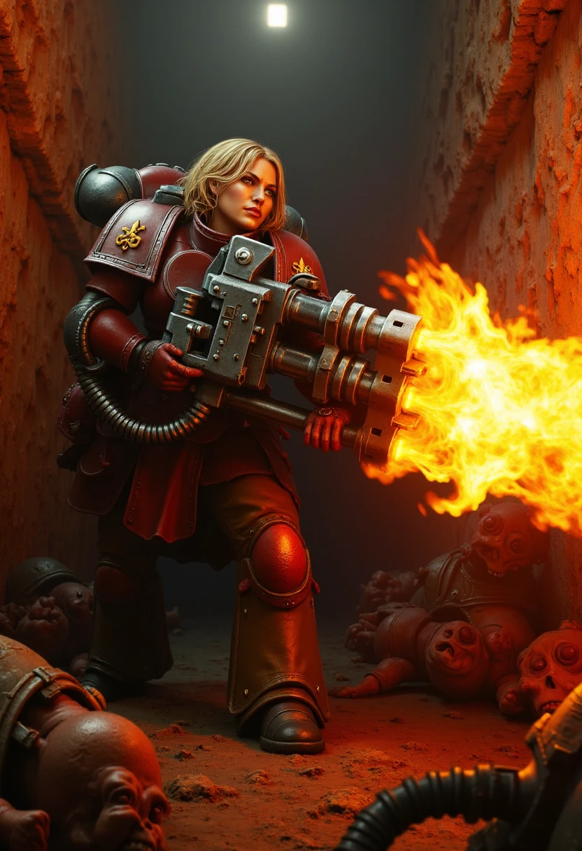 A female Imperial Guardsman stands resolutely in the narrow, dimly lit corridor of an ancient, crumbling fortress, her heavy flamer roaring as she unleashes a torrent of purifying fire to keep a horde of monstrous creatures at bay. The corridor is bathed in the flickering orange and red glow of the flames, casting ominous, shifting shadows on the scarred stone walls and illuminating the grotesque forms of the advancing beasts, their flesh searing and bubbling under the intense heat.

Her expression is one of fierce determination, sweat dripping down her dirt-streaked face as she grips the heavy flamer with both hands, the weapon’s weight almost insignificant compared to the gravity of her task. The photorealistic detail captures the strain in her muscles, the heatwaves distorting the air around her, and the thick, acrid smoke swirling through the corridor as the flames incinerate anything in their path. The monstrous creatures, their twisted, nightmarish forms barely visible through the inferno, writhe and scream as they are consumed by the fire, their numbers momentarily halted by her relentless assault.

The corridor, once a place of cold, silent dread, is now an inferno of destruction, with the Guardsman standing as the last line of defense. The flames from the heavy flamer reflect off her armor, highlighting the worn, battle-scarred plating, and the insignia of her regiment. Every roar of the weapon, every burst of fire, pushes the creatures back, if only for a moment, as she fights to hold the line and protect her comrades further down the corridor. The scene is a powerful display of courage and tenacity in the face of overwhelming horror.