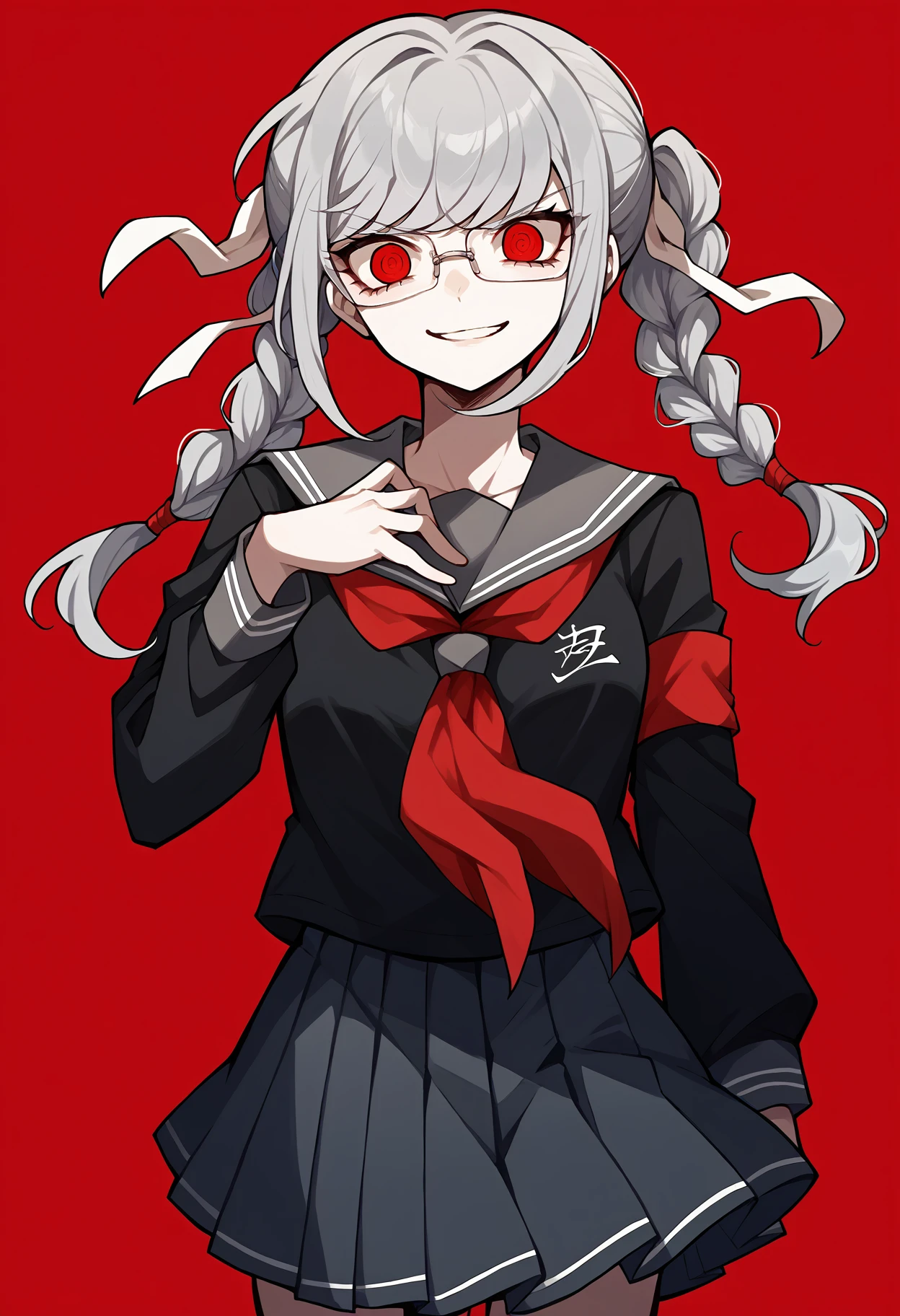 score_9, score_7_up, source_anime, 1girl, looking at viewer, smirk, evil smile, parted lips, floating hair, hand on own chest, @ @, <lora:PekoDR-pdxl:1> defPeko, grey hair, twin braids, red eyes, glasses, hair ribbon, white ribbon, school uniform, black serafuku, red neckerchief, long sleeves, red armband, pleated skirt, red background