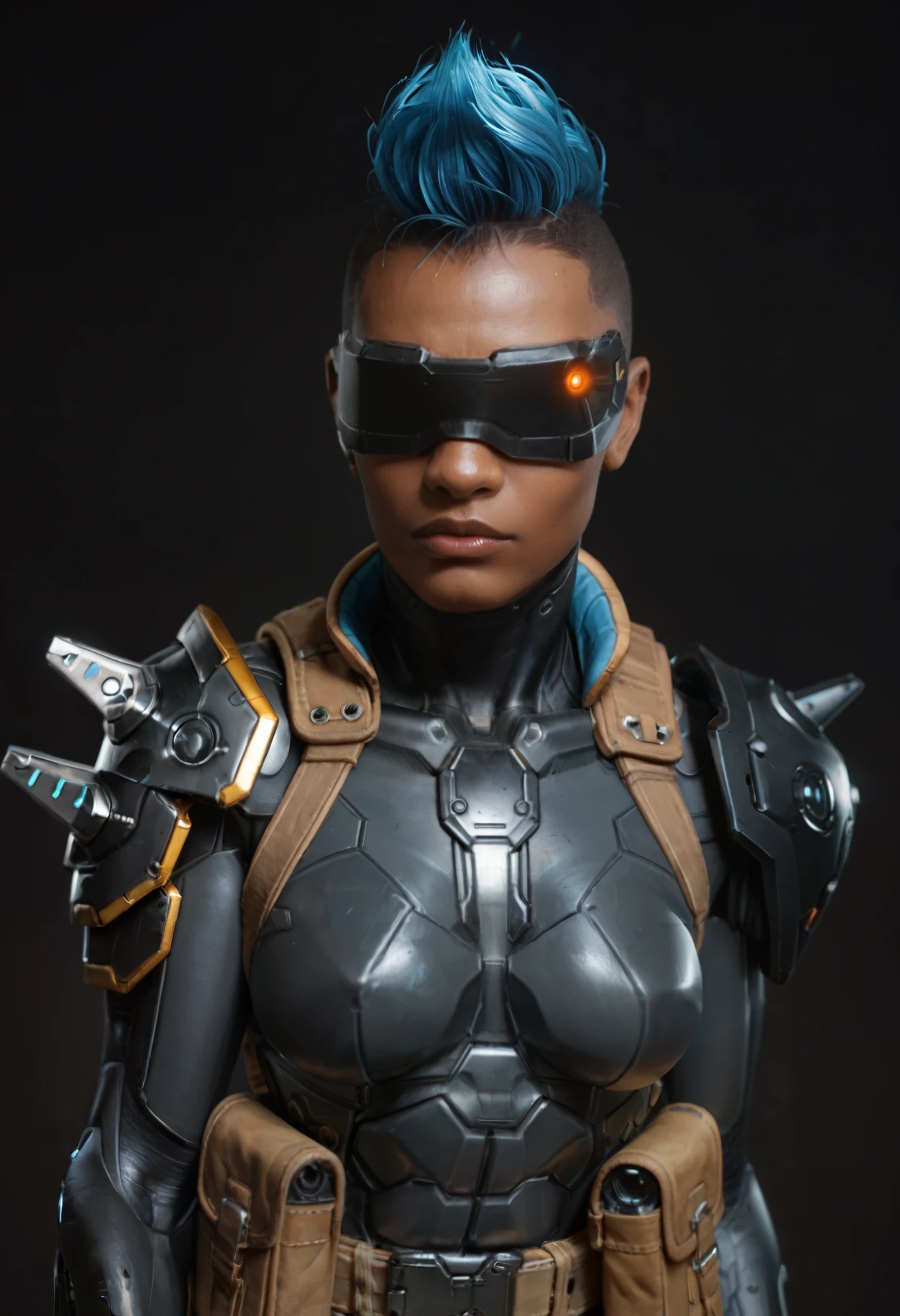 score_9,score_8_up,score_7_up,score_6_up,1girl,solo,dark background,(upper body:1.15),(portrait:1.4),(eye_focus:1.5),black bodysuit,science fiction,blue hair,mohawk,belt pouch,armor,dark-skinned female,no eyes,hidden eyes,shoulder spikes,visor,blue lips,black gloves,cyborg,mechanical legs,medium breasts,boots,full body,       <lora:MyTrainings\Temp\Mad_Maggie_Outlawed_Tech_XL_Pony_ARZUMATA-000009.safetensors:0.5>