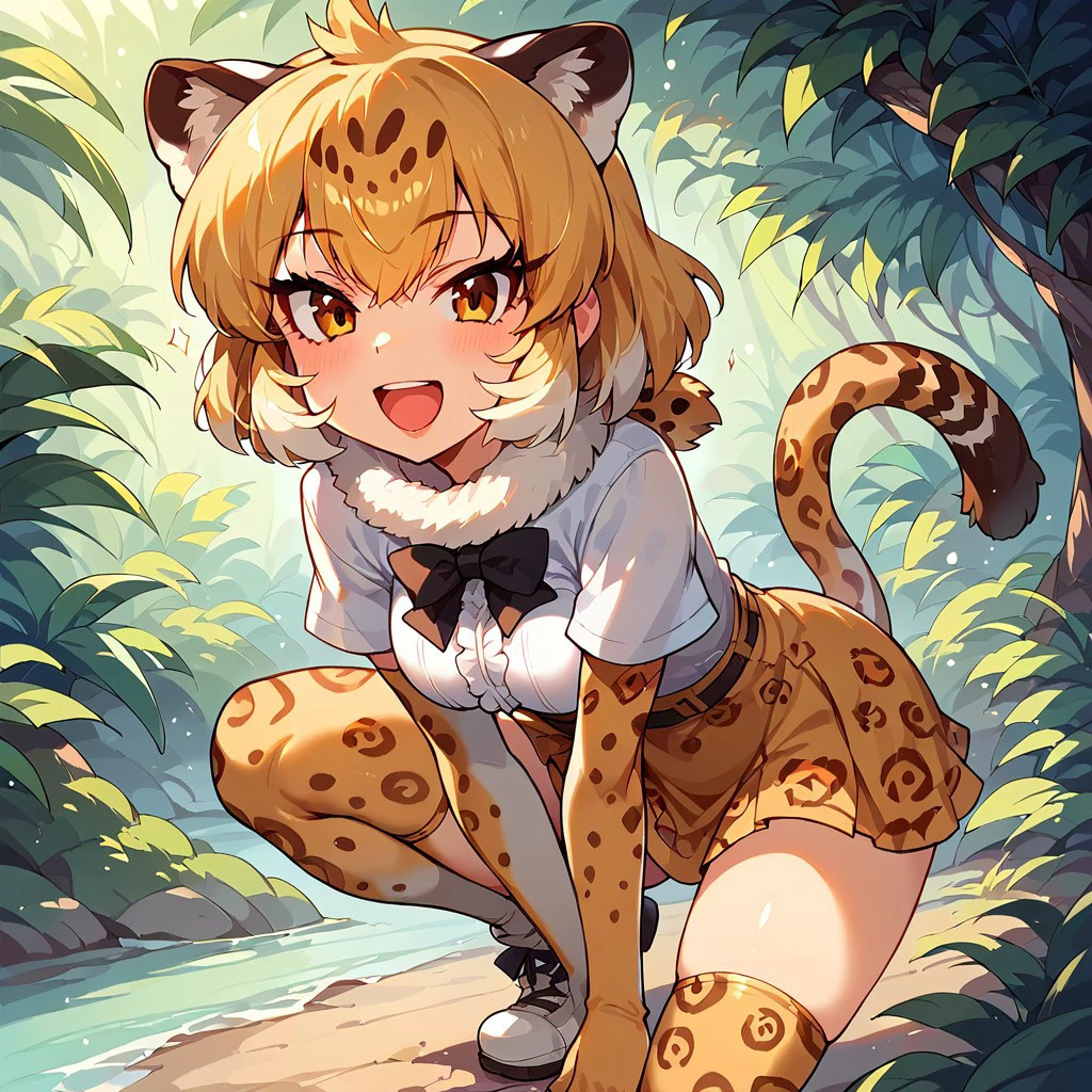 1girl, ((solo)) best quality, ultra-detailed, extremely detailed, perfect anatomy, masterpiece, score_9, score_8_up, score_7_up, jaguar (kemono friends), animal ears, jaguar ears, blonde hair, short hair, bangs, jaguar print, multicolored hair, tail, jaguar tail, white shirt, frills, skirt, high-waist skirt, print skirt, fur collar, center frills, gloves, elbow gloves, print gloves, short sleeves, black bowtie, thighhighs, animal print, print legwear, shoes, open mouth smile, happy, looking at viewer, in the jungle, jungle river, jungle with a river background, standing, dutch angle, leaning forward, crouched forward, (about to pounce:1.3), closeup, face focus,