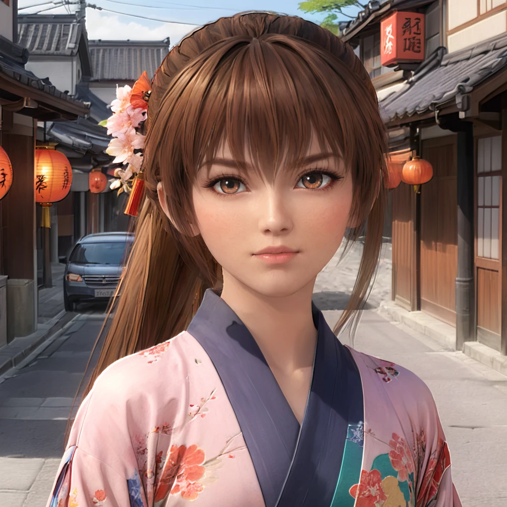 kasumidoa5lr, 1girl, solo, long hair, side ponytail, kimono, street, closed mouth, looking at viewer <lora:kasumidoa5lrXL:0.5>