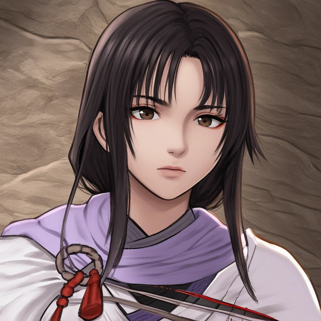 Hong Jing, brown eyes, black hair, long hair, bangs,