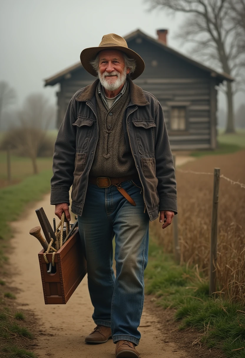 An elderly carpenter walks along a winding dirt path, his worn denim jeans and faded woolen shirt fluttering gently in the morning breeze. His weathered hand grasps the rope handle of a long, narrow toolbox, crafted from worn wood with an open top and a taut rope stretched across it. Traditional manual tools protrude from the toolbox, each one bearing the patina of years of faithful service: a hammer with a worn wooden handle, a saw with a rusty blade, various chisels with handles smoothed by years of use, bit and brace, manual planer, etc.  As he walks, the soft focus of the image captures the serene early morning atmosphere, just after dawn, as the steam from the morning dew rises from the fields around him. His small, rustic house stands in the background, its wooden beams weathered to a soft gray, as he makes his way down a well-worn trail. A few wisps of gray hair escape from beneath his well-worn and sweat-soaked straw hat, framing his lined face and twinkling brown eyes that reflect patience and wisdom, which seem to hold a deep contentment. His expression is one of quiet satisfaction, as if he's savoring the simple pleasures of his daily routine.  <lora:other/art_lora flux.safetensors_converted>, art