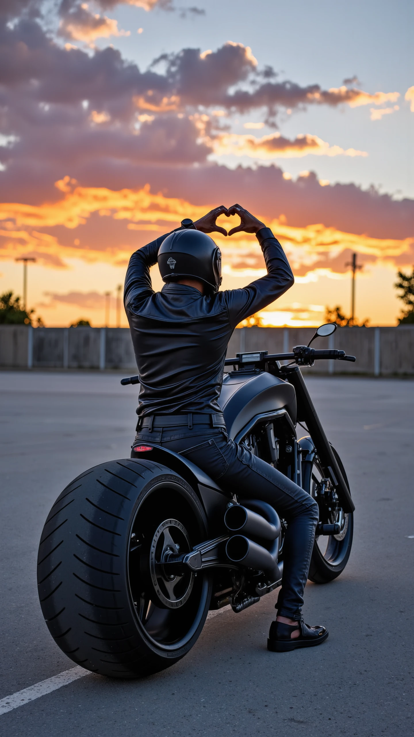 A captivating sunset scene with a rider sitting on a custom NGT, V-Rod bike, facing away from the camera. The rider is wearing a black helmet and matching leather gear, striking a heart shape with their hands above their head. The custom V-Rod stands out with its sleek design, details, and muscular stance, perfectly matching the rider's outfit. The background showcases an open parking lot, bathed in the soft glow of the setting sun, with clouds illuminated by warm tones of pink, orange, and purple. The overall mood is peaceful and reflective, combining the powerful aesthetics of the bike with the serene beauty of the sunset.