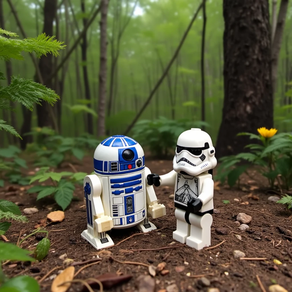 LEGO Star Wars set of a cute plastic R2-D2 standing next to a stormtrooper in a forest, LEGO trees, LEGO blocks, no blur  <lora:Anti-BlurFLUX:1>