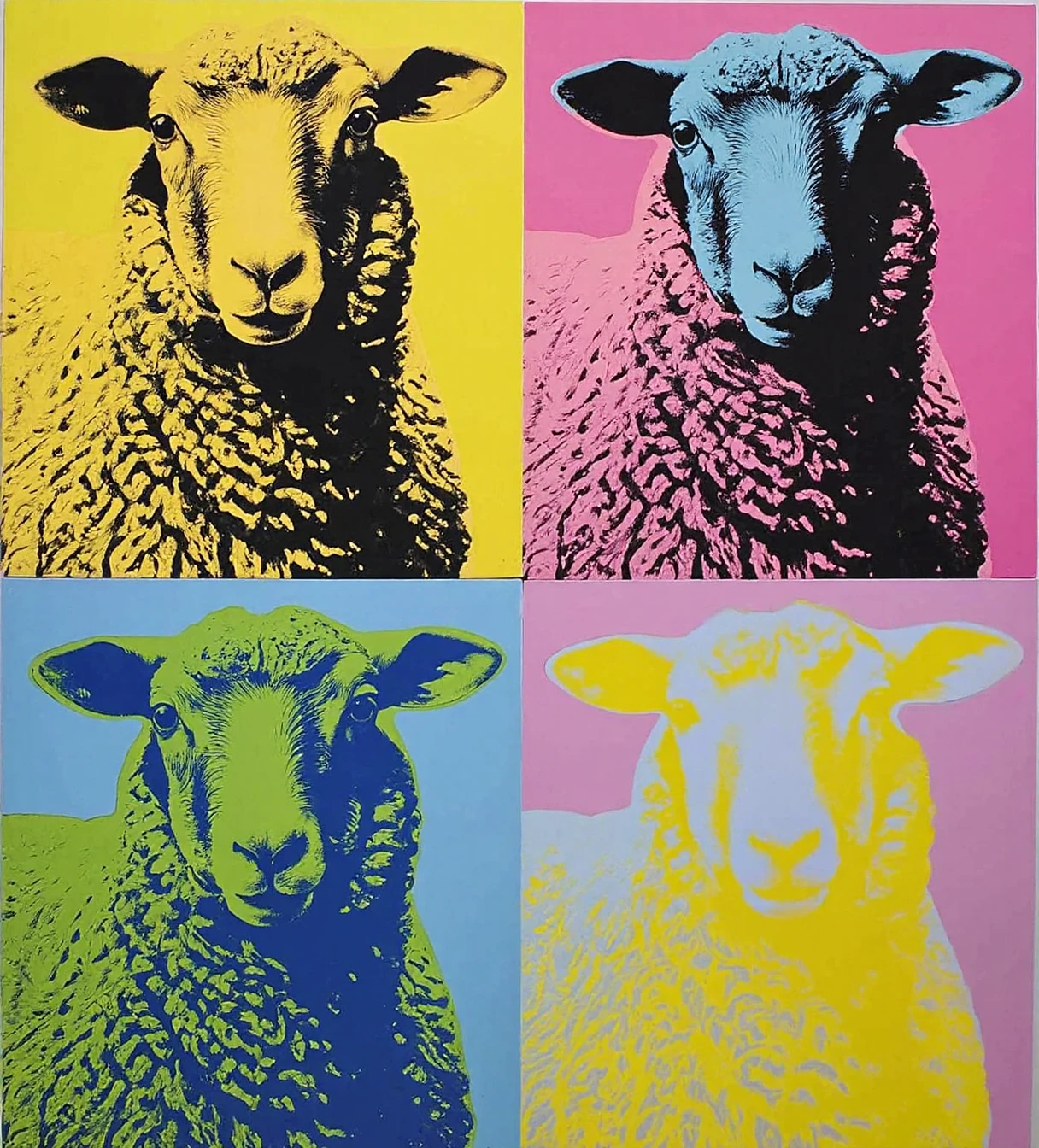 Pop art image of 4 different coloured Sheep by Andy Warhol.