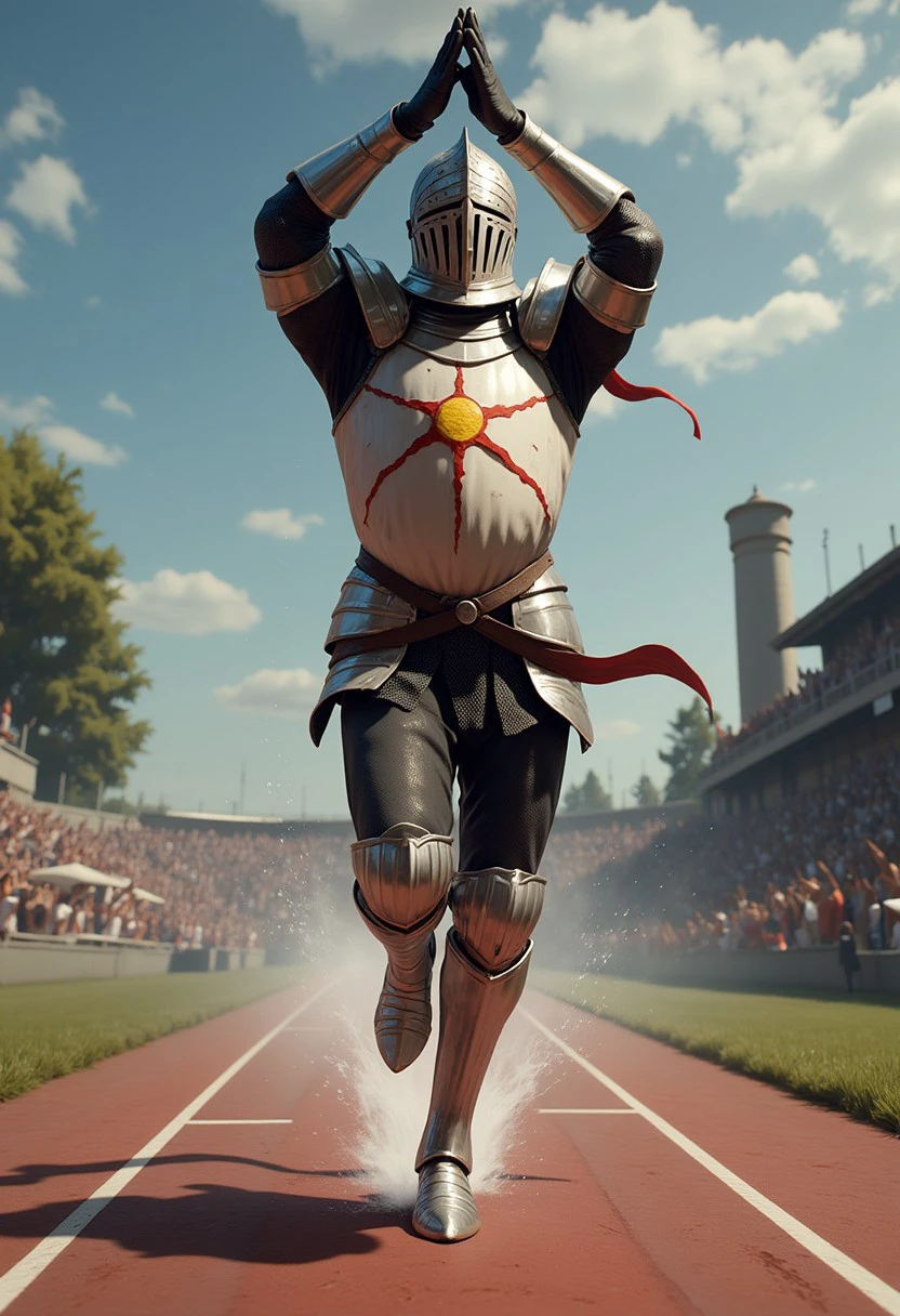 d4arks0uls, a knight named Solaire running on a racetrack, wearing full armor, arms raised forming a Y shape over his head