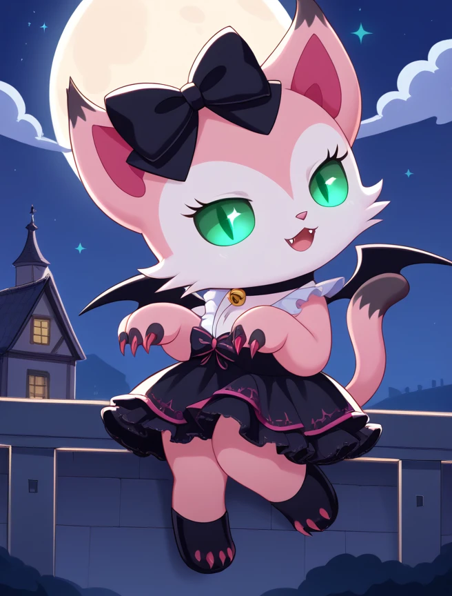 score_10, score_9_up, score_8_up, Vampire_Mia, 1girl, solo, looking at viewer, smile, open mouth, bow, green eyes, tail, hair bow, wings, no humans, sparkle, black bow, :3, night, fangs, moon, cat, bat wings, full moon, body fur, mansion, night dress, glowing eyes, claws