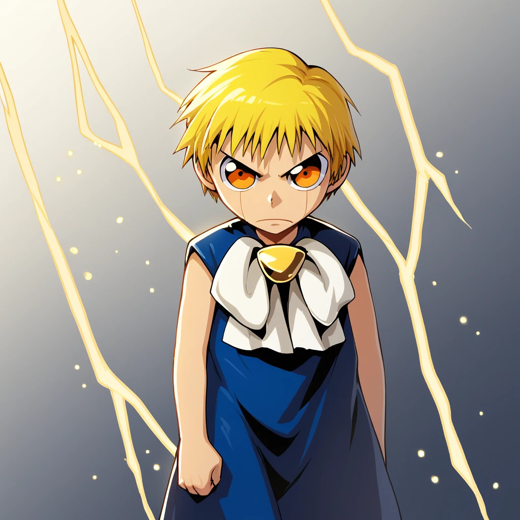 score_8_up, BREAK, ZatchBell, 1boy, solo, blonde hair, short hair, orange eyes, blue cloak, white bow, cowboy shot,  <lora:ZatchBell_PXL_Leaf1:1>, light particles, lightning, gradient background, arms at sides,