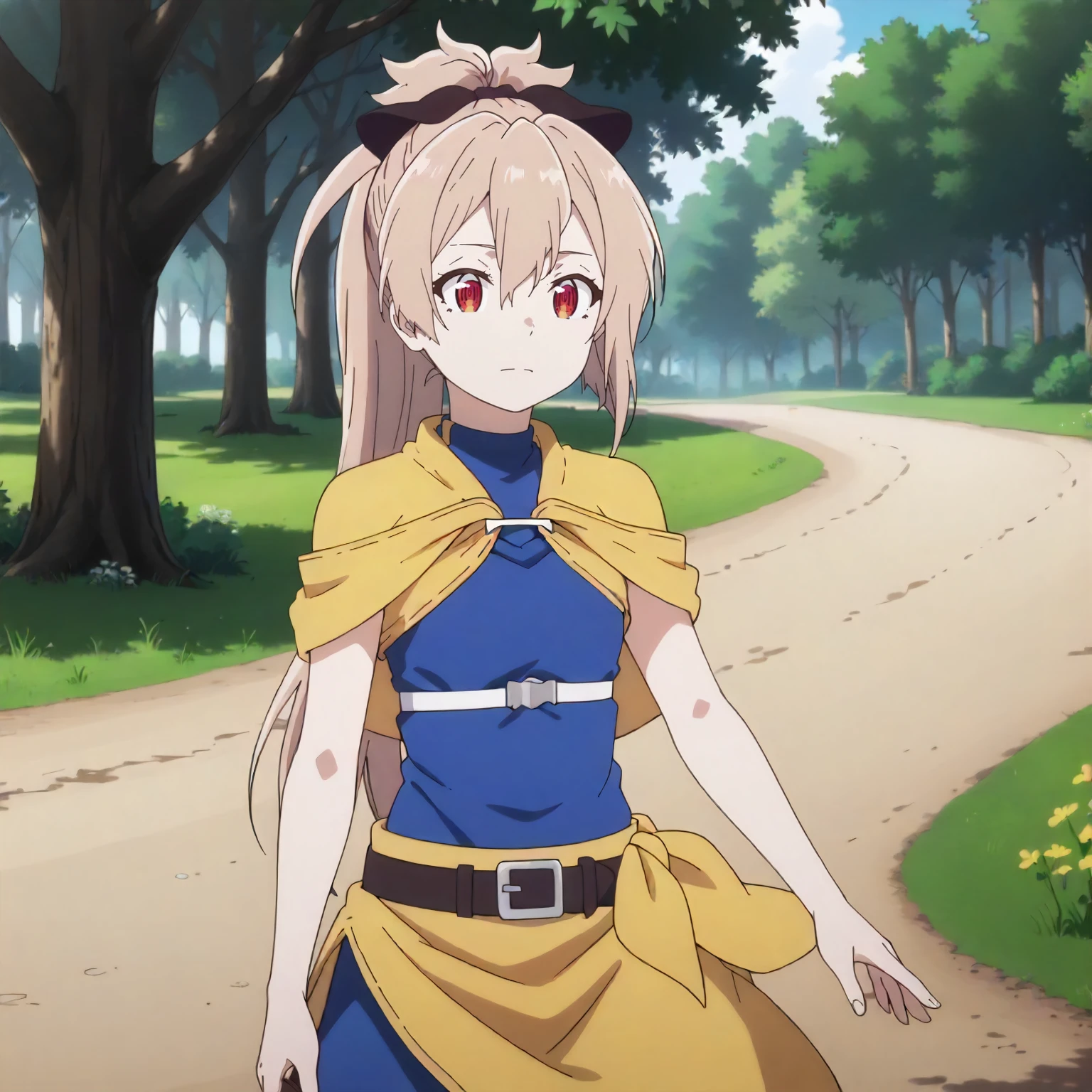 <lora:SSnVR_MenouXLpony001>,
outdoors,nature,
solo,
Menou,1girl,light brown hair,high ponytail,hair ribbon,red eyes,
yellow capelet,blue dress,sleeveless,belt,