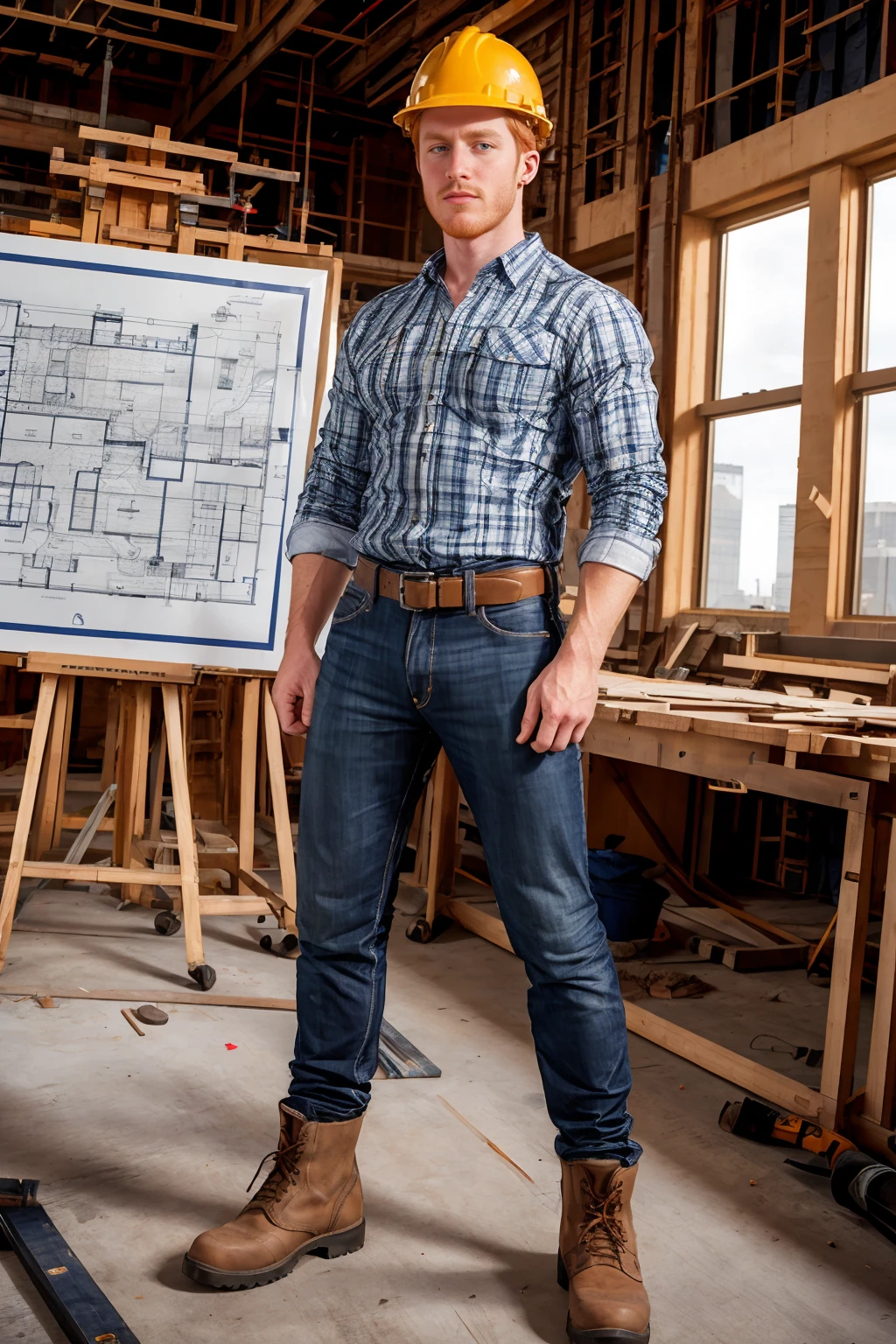 inside skyscraper under construction, glass, unfinished interior, construction materials, ginger hair, KennedyCarter is an architect, wearing plaid long sleeve dress shirt, (rolled up sleeves), blue jeans, work boots, wearing construction hard hat, ((holding blueprints)), ((full body portrait)), wide angle <lora:KennedyCarter:0.8>