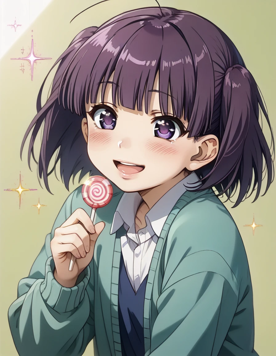 <lora:MorinoKirin_pony_v01:0.85> 1girl, solo, morino kirin, purple eyes, green cardigan, smile, open mouth, meshigao, blush, lips, sparkle, blurry, holding candy, simple background,