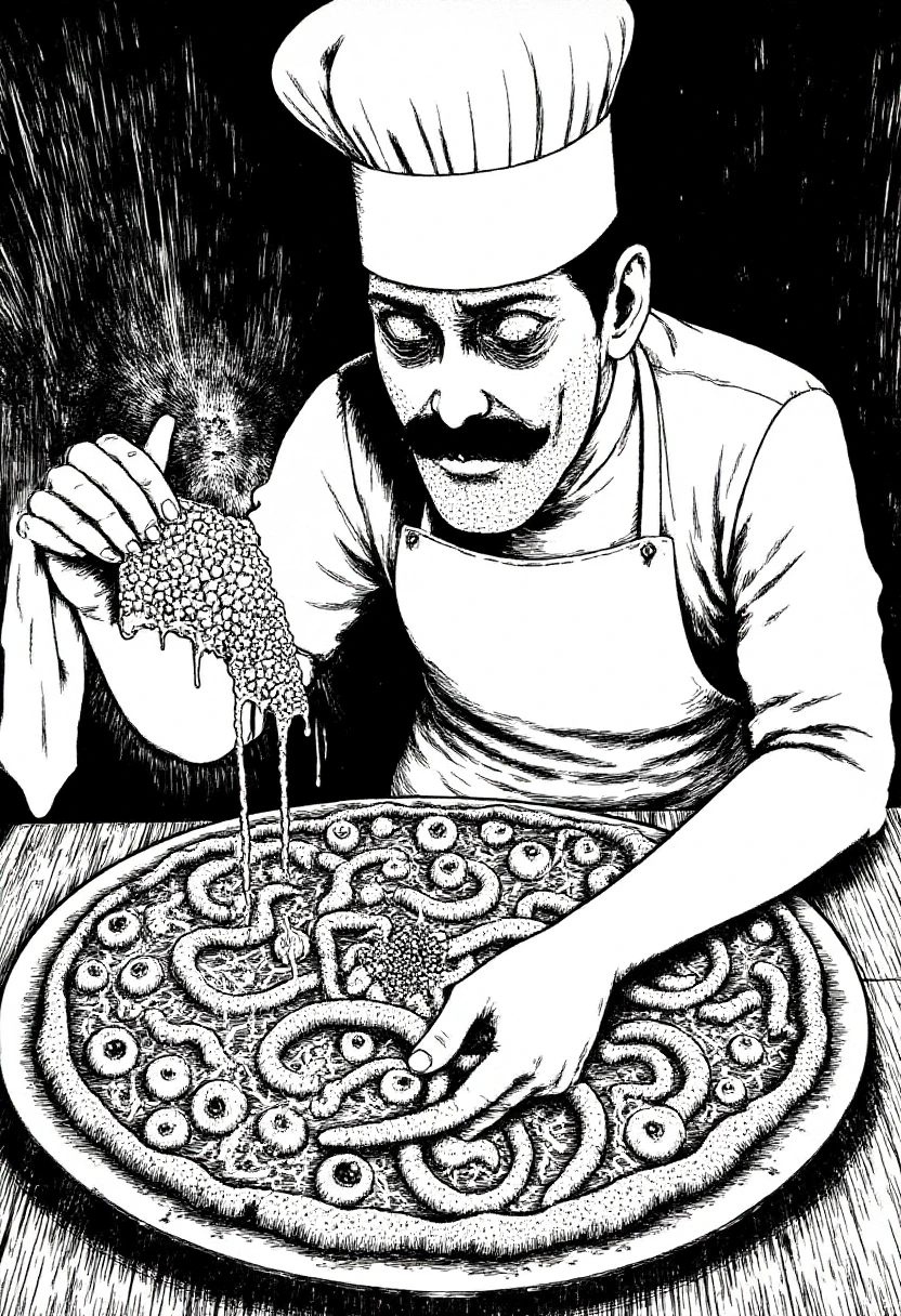 italian chef wearing chef hat and apron making pizza  in monochrome jitostyle.  the pizza is made of worms and eyeballs<lora:Junji_Ito_Style_F1D:1.3>