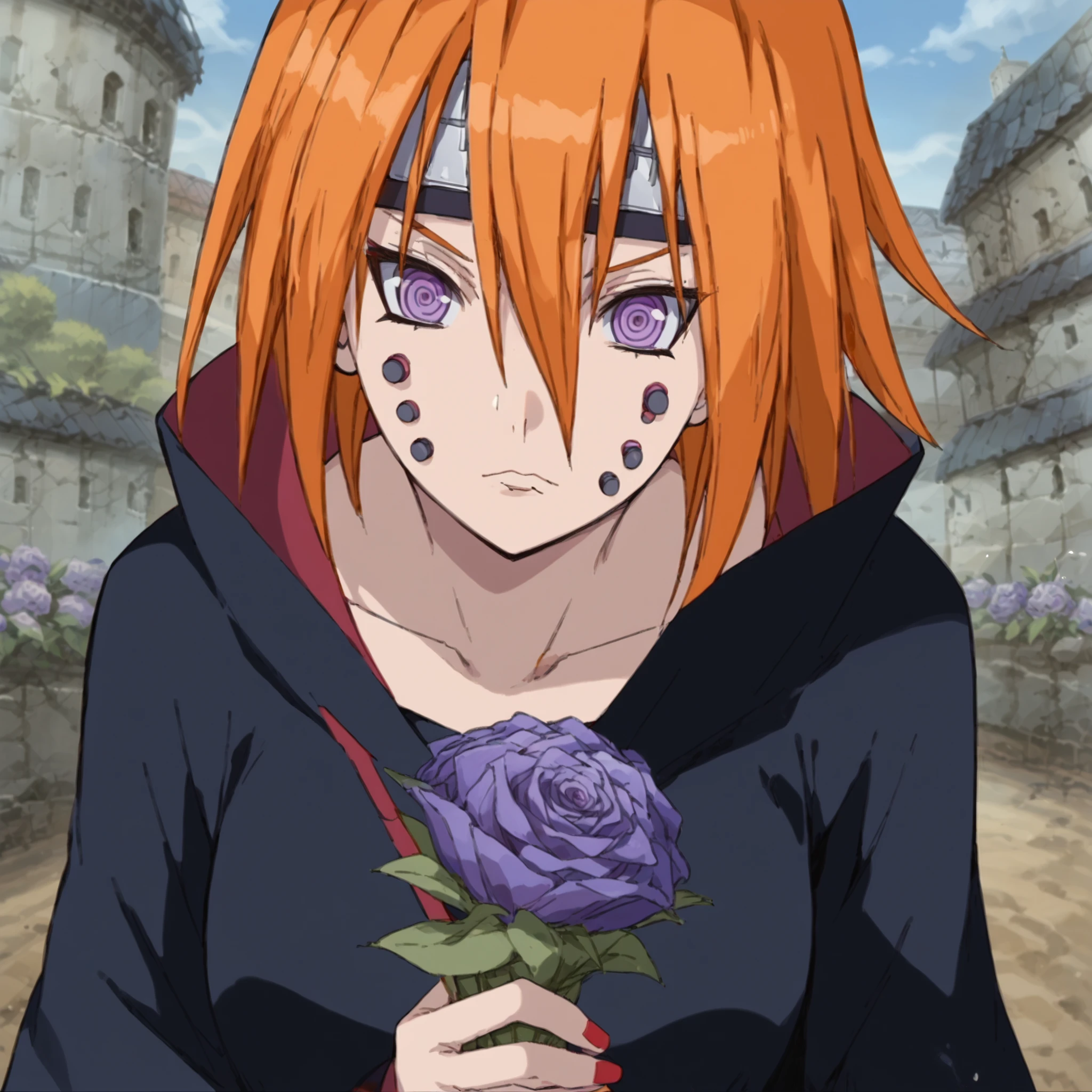 score_9,score_8_up,score_7_up,source_anime BREAK
((1girl,solo)),AnimalPath,orange hair,short hair,(hair between eyes:1.2),akatsuki outfit,black coat,ninja,piercing,(cheek piercing:1.3),purple eyes,red nails,ringed eyes,medium breasts,<lora:AnimalPathV1.1_ponyDV6> BREAK
upper body,(holding purple hydrangea bouquet:1.2),(purple hydrangea flower garden:1.2),