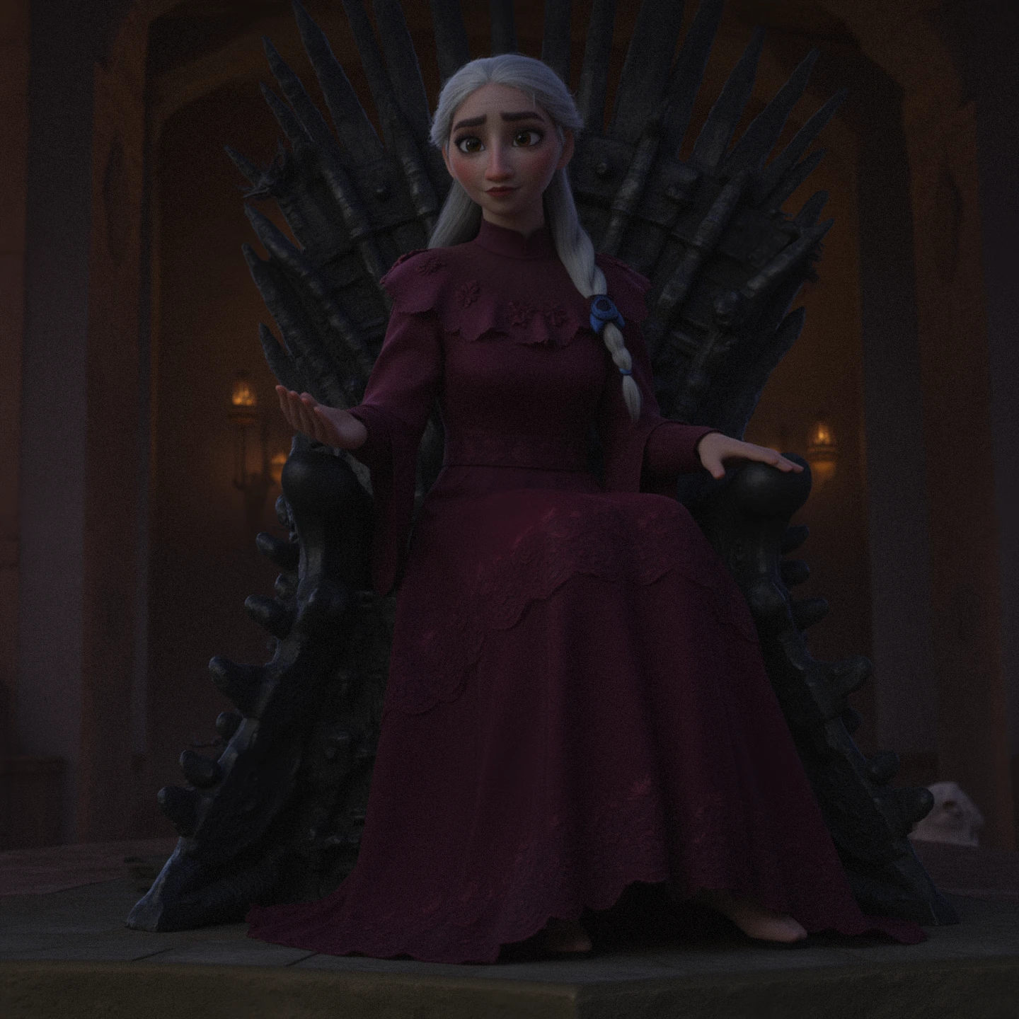 encanto style. queen daenerys sitting on the iron throne. game of thrones