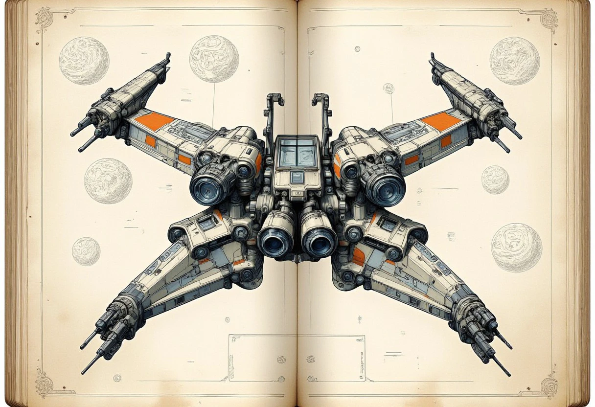 An anatomysketch style illustration of a perfectly symmetrical, top-down view of a futuristic spacecraft. The spacecraft should have a sleek and angular design, with an emphasis on symmetry in its structure, including evenly spaced large cannons, antennas, and thrusters on both sides. The hull should feature a detailed pattern of metallic colors with subtle highlights and shadows to enhance the three-dimensional appearance. The background should be of planets, distant stars,  emphasizing the spacecraft's size and power from the top-down perspective. X-Wing.