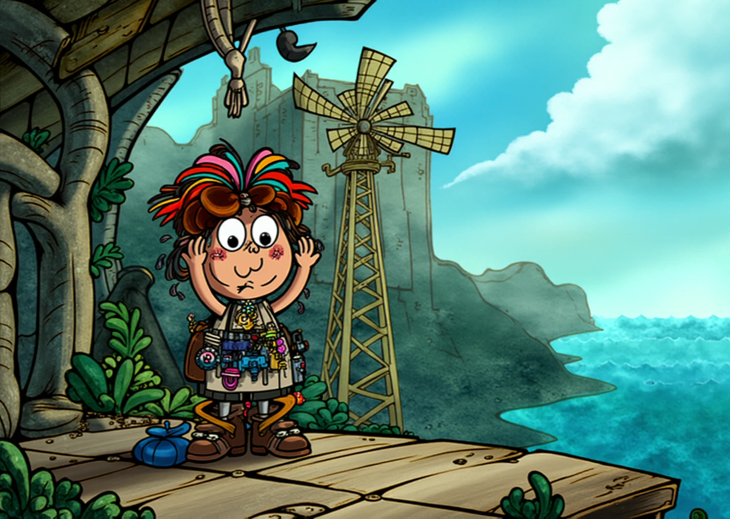 <lora:Marvelous_Misadventures_of_Flapjack_Style_-_FLUX:1> marvelous_flapjack, a quirky, wide-eyed inventor named Taffy Tinker has set up shop in a creaky old windmill on the cliffs overlooking the sea. Her wild hair is streaked with colorful taffy strands, and she wears a belt packed with odd gadgets and half-eaten candy. Taffy claims to have created a machine that can turn anything into candy, but itâs powered by a rare, glowing jellyfish found only in the deepest ocean trenches. Adventurers seeking the jellyfish must brave treacherous waters and the unknown creatures that lurk below.