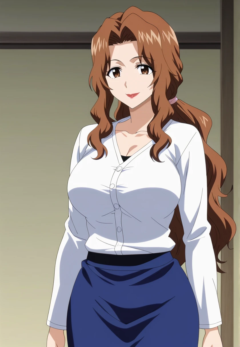 (looking at viewer, smile), <lora:masakiKurosaki:1> masakakurosaki, long hair, ponytail, wavy hair, brown hair, brown eyes, makeup, lipstick,  large breasts, white cardigan, shirt, long sleeves, blue skirt,, source_anime, anime screencap, anime colouring, cel shading, 16k, masterpiece, absurdes, highly detailed, highres, high quality, best quality, 16k, masterpiece, absurdes, highly detailed, highres, high quality, best quality, detailed face, realistic,, shiny, shiny skin, shiny hair