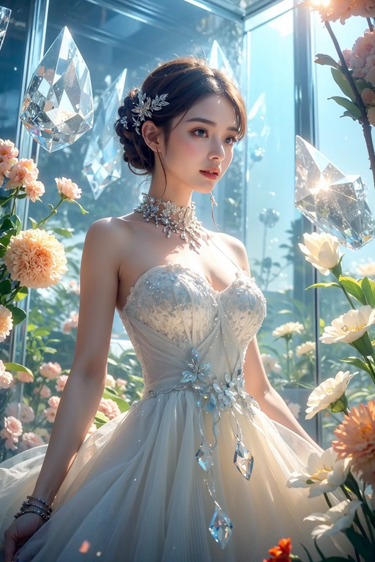 masutepiece, Best quality, (1womanl), Ultra-detailed, finedetail, A high resolution, 8K picture quality, hyper HD, Perfect dynamic composition, Beautiful detailed eyes, Natural lips, Orange and white floral knitted dress, extra very short hair, abstract backgrounds, is shy, Diffused neon in the background,