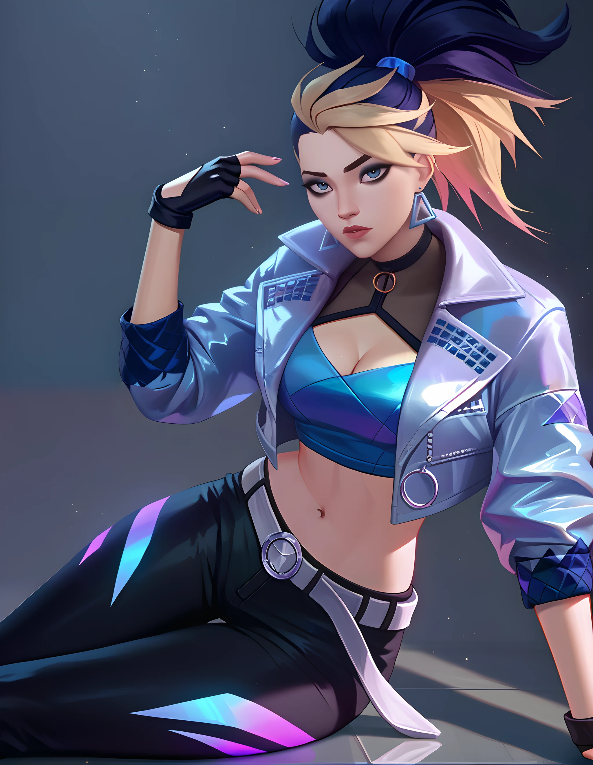 4kalikd4, akalikda, 1girl, blue eyes, makeup, eyeshadow, blonde hair, black hair, ponytail, long hair, jewelry, earrings, choker, open clothes, open jacket, cropped jacket, navel, midriff, crop top, cleavage, belt, pants, black pants, gloves, fingerless gloves, black gloves, score_9, score_8, score_7, source_anime, zPDXL, <lora:arcan3styl3v1PonySDXL:0.35>, arcan3styl3v1, <lora:4rc4n3XLP (1):0.51>, 4rc4n3, <lora:Akali_kda_v3:0.79>, sitting, dramatic light