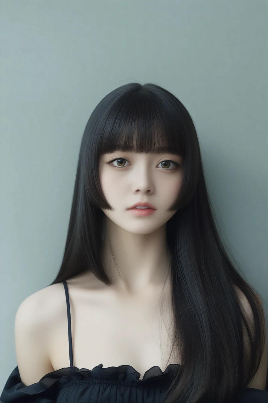 a photograph of a woman,<lora:Hime_Cut_Flux:1>,Hime_Cut_Flux,black hair,