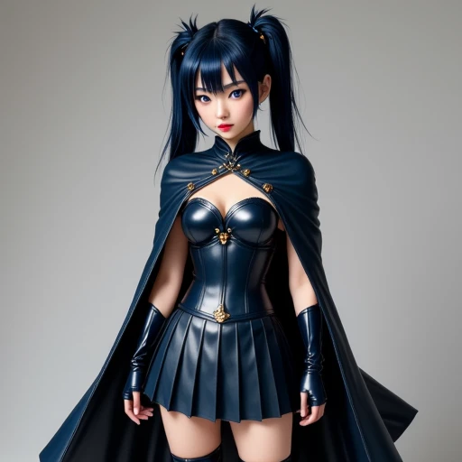 Petite and slender Japanese woman. Dark blue hair in twin-tails. Blue eyes. Light makeup. Dark blue leather corset, pleated leather skirt, and leather sleeves. Flowing leather cape. High leather boots. Fingerless gloves. Her leather outfit is trimmed with copper metal.